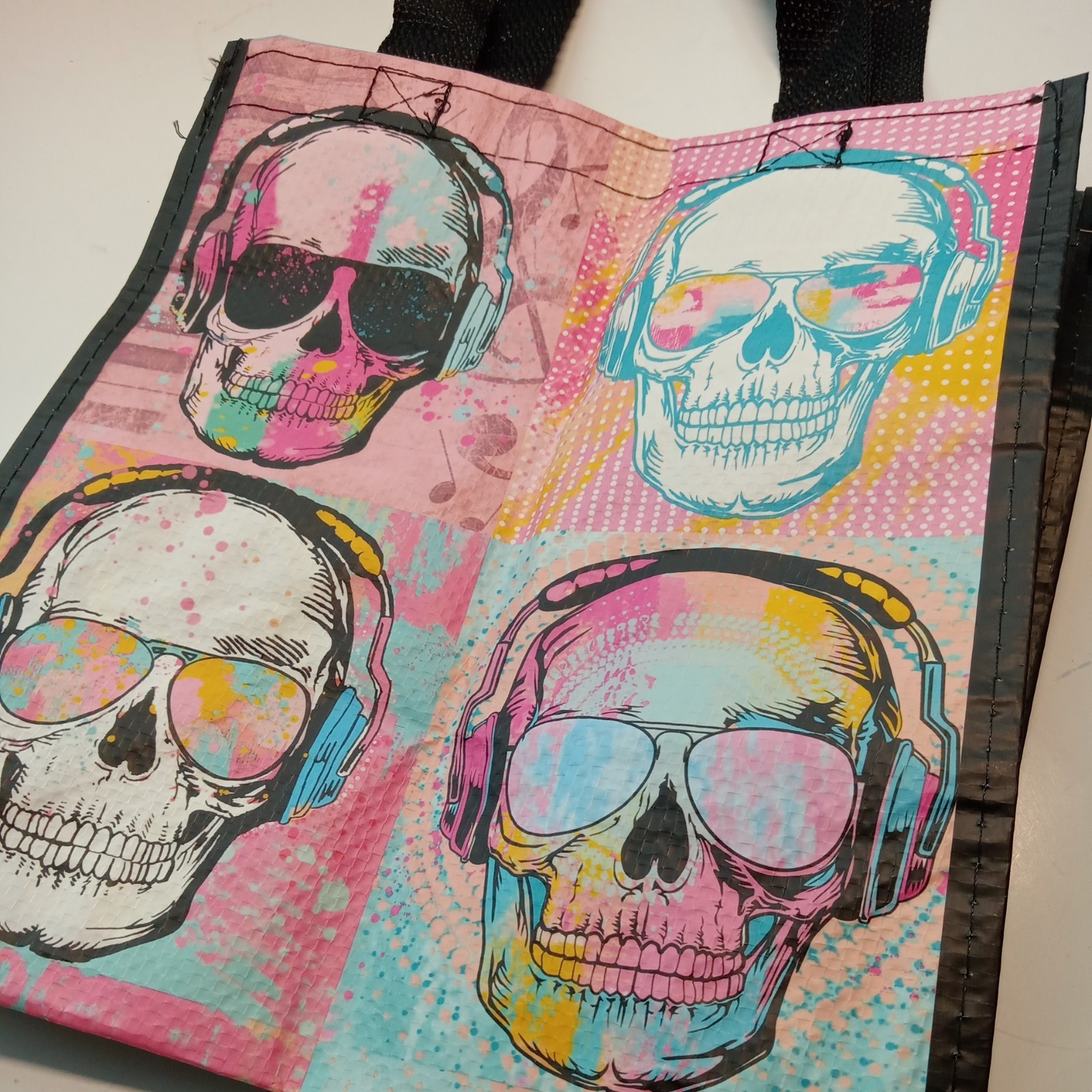 Skulls w/ Headphones POP Art Durable Reusable Grocery Shopping Gift Small.