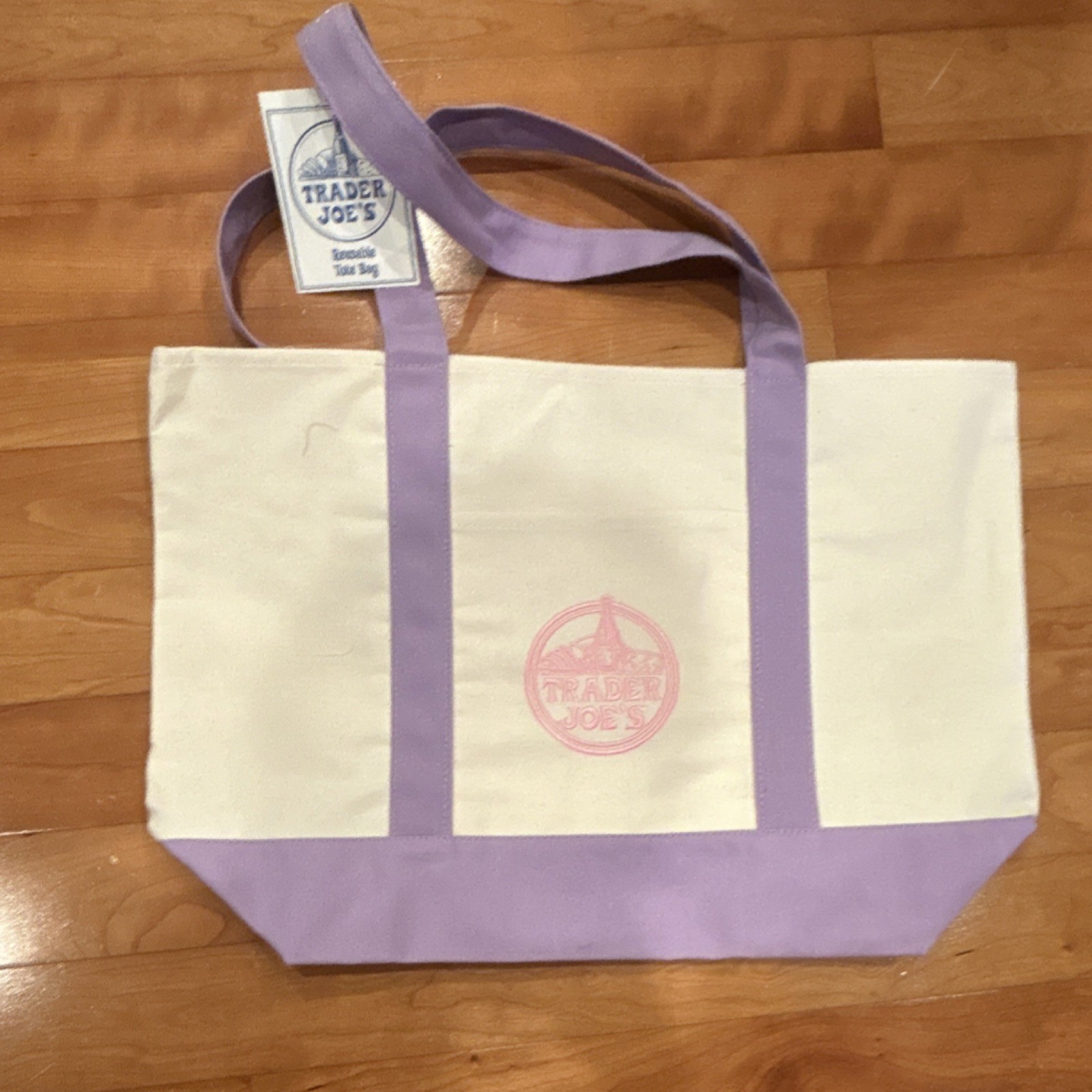 Trader Joe’s Foldable Reusable Canvas Shopping Bag White Purple Colour Block