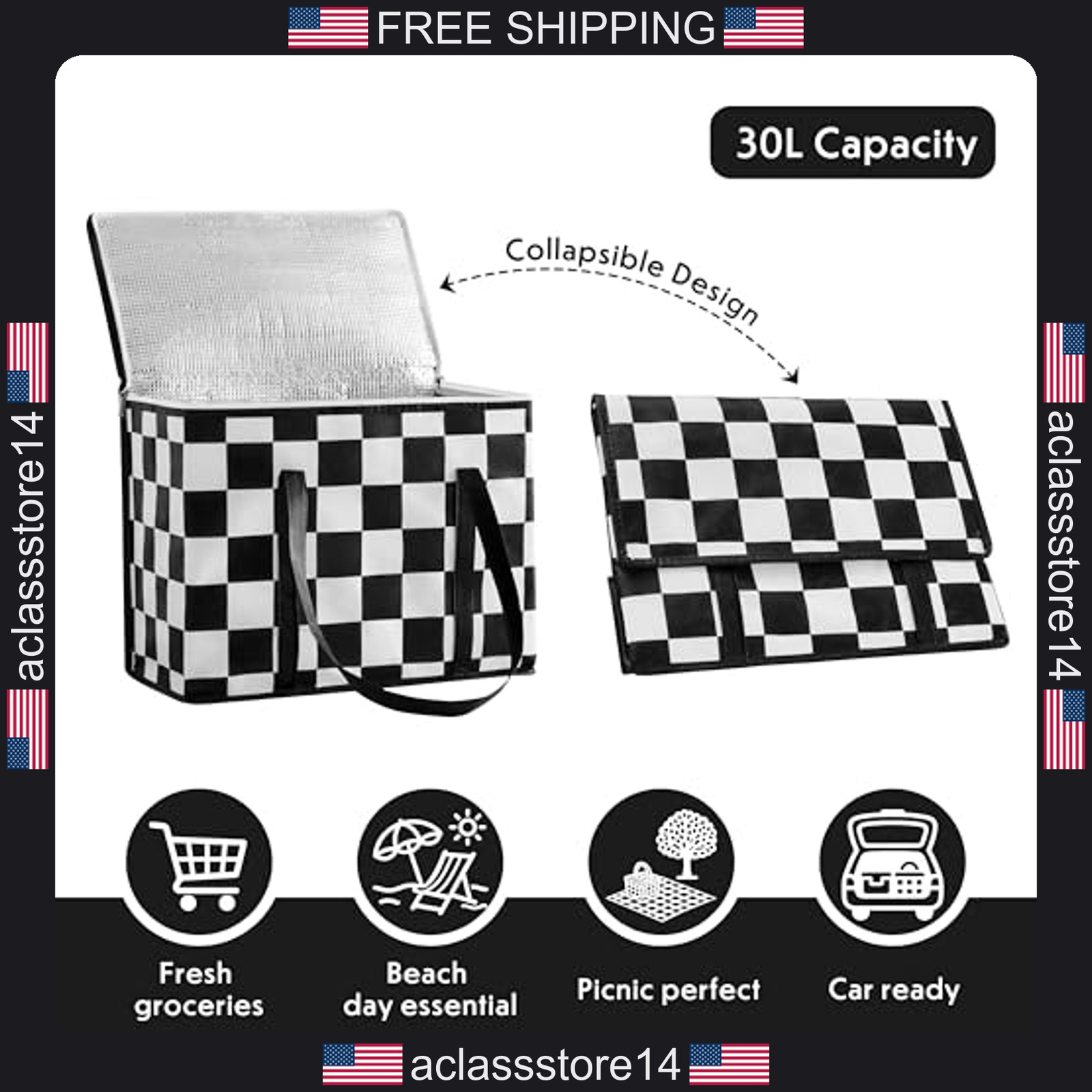 Ohocut checkered insulated grocery bags 2 pack black and white cooler shopping