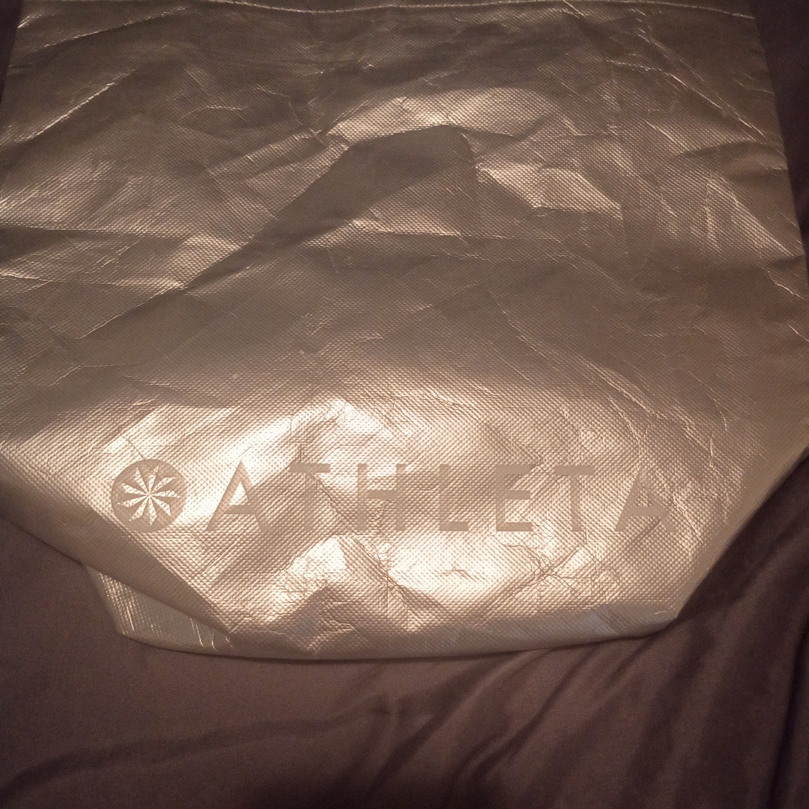 ATHLETA Metallic Silver Tote Reusable Clothes Shopping Bag With Handles