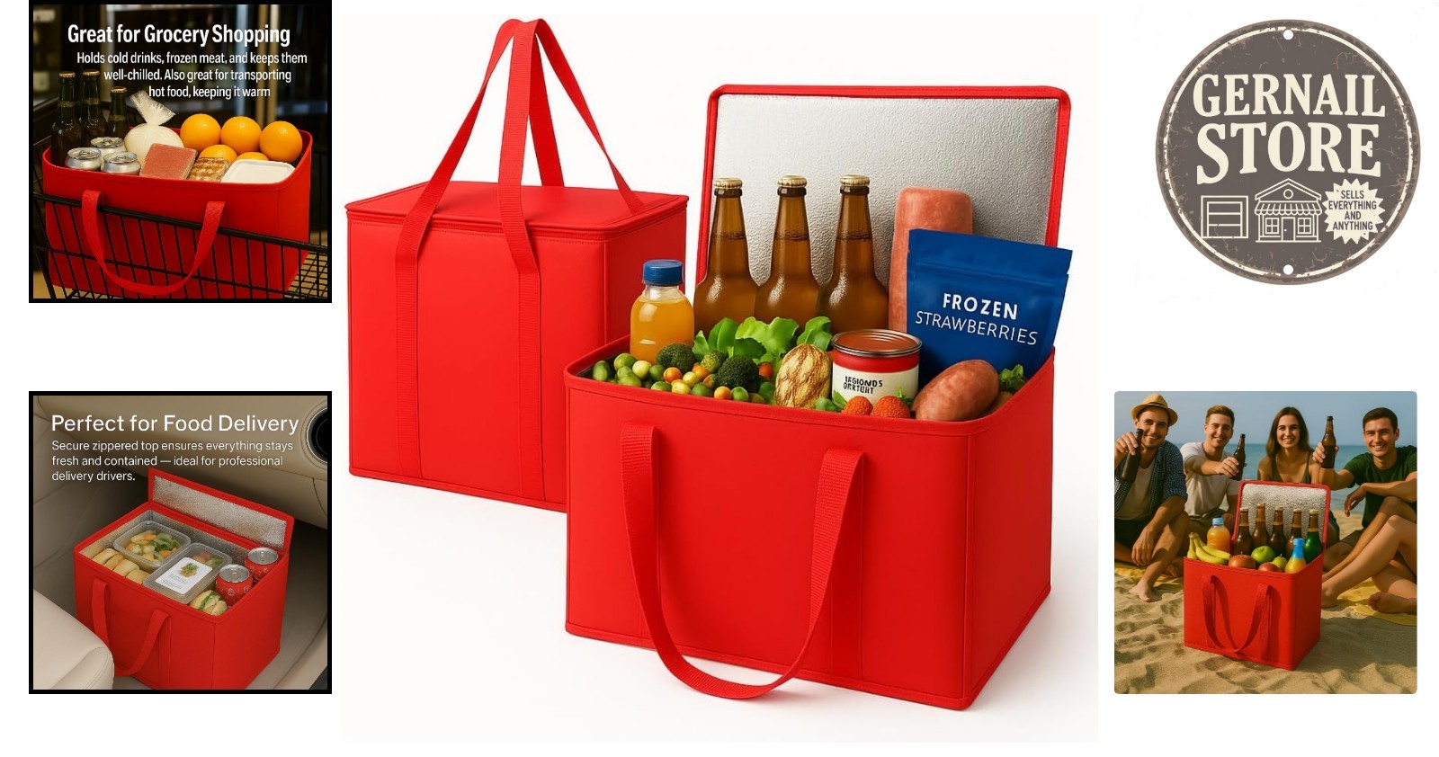 Collapsible XL Insulated Grocery Bags – 2-Pack in Red, Perfect for Heavy Loads