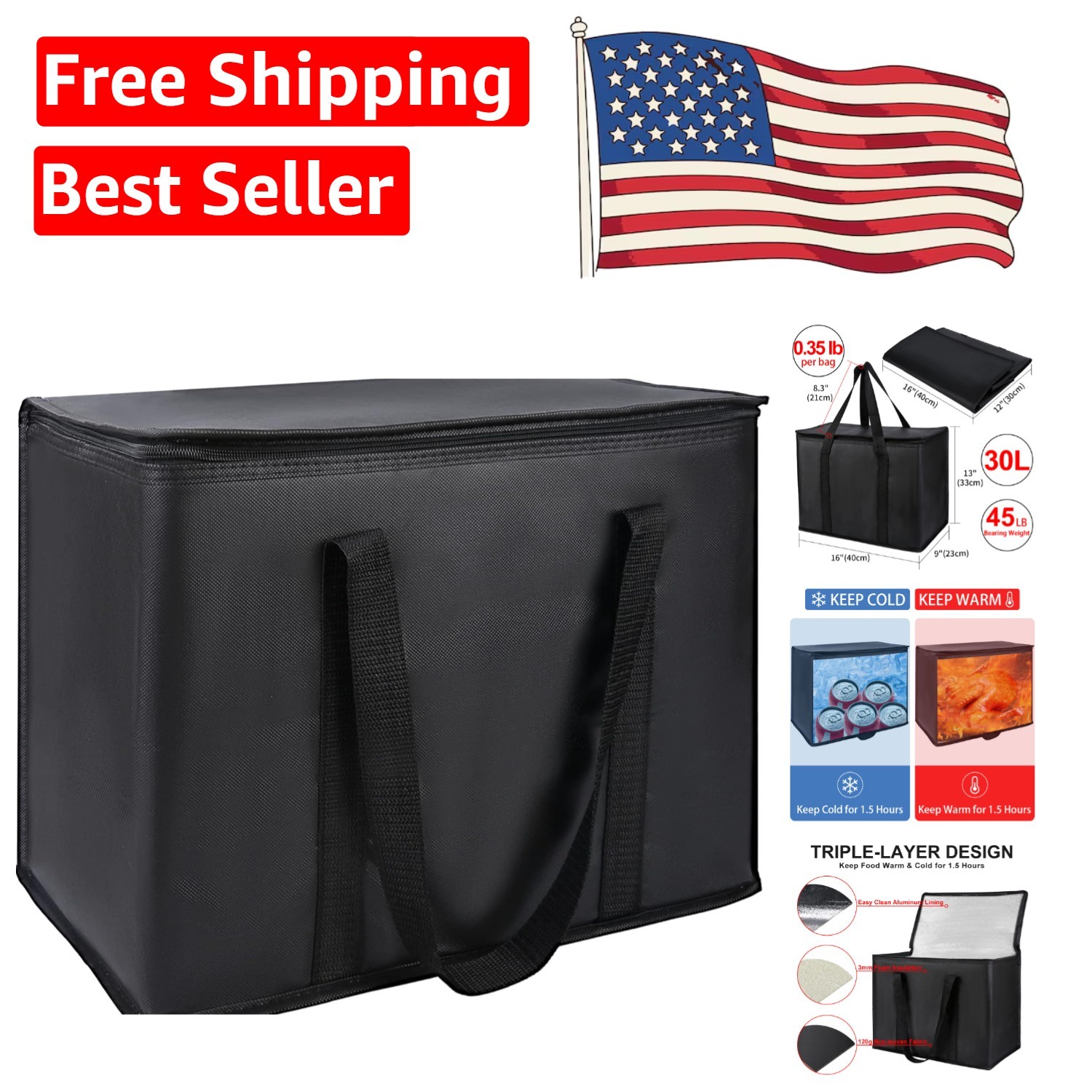 X-Large Insulated Reusable Grocery Bag – 30L Food Delivery Solution in Black