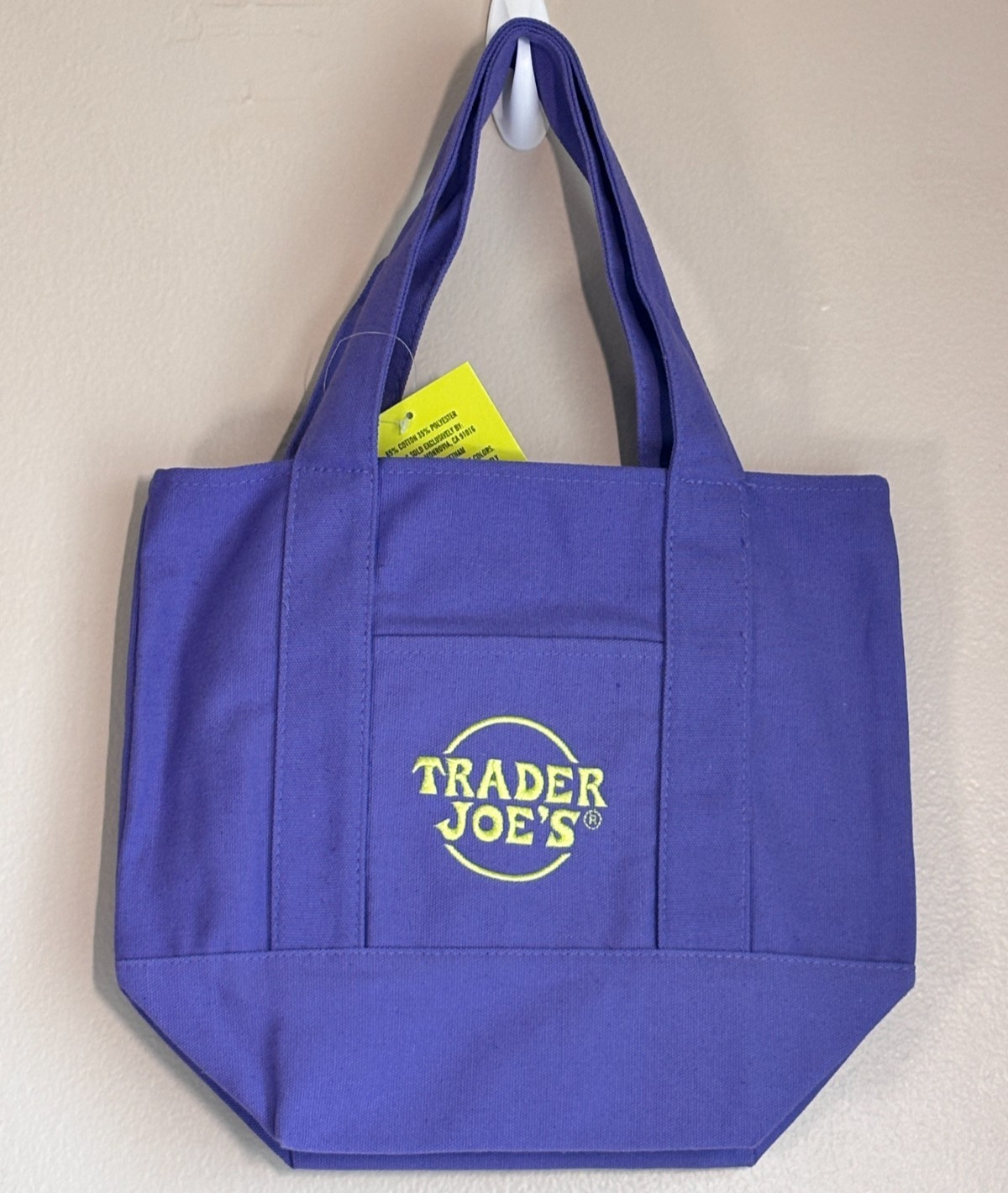 Trader Joes Mini Canvas Purple Tote Bag Embroidered Logo Double Handles