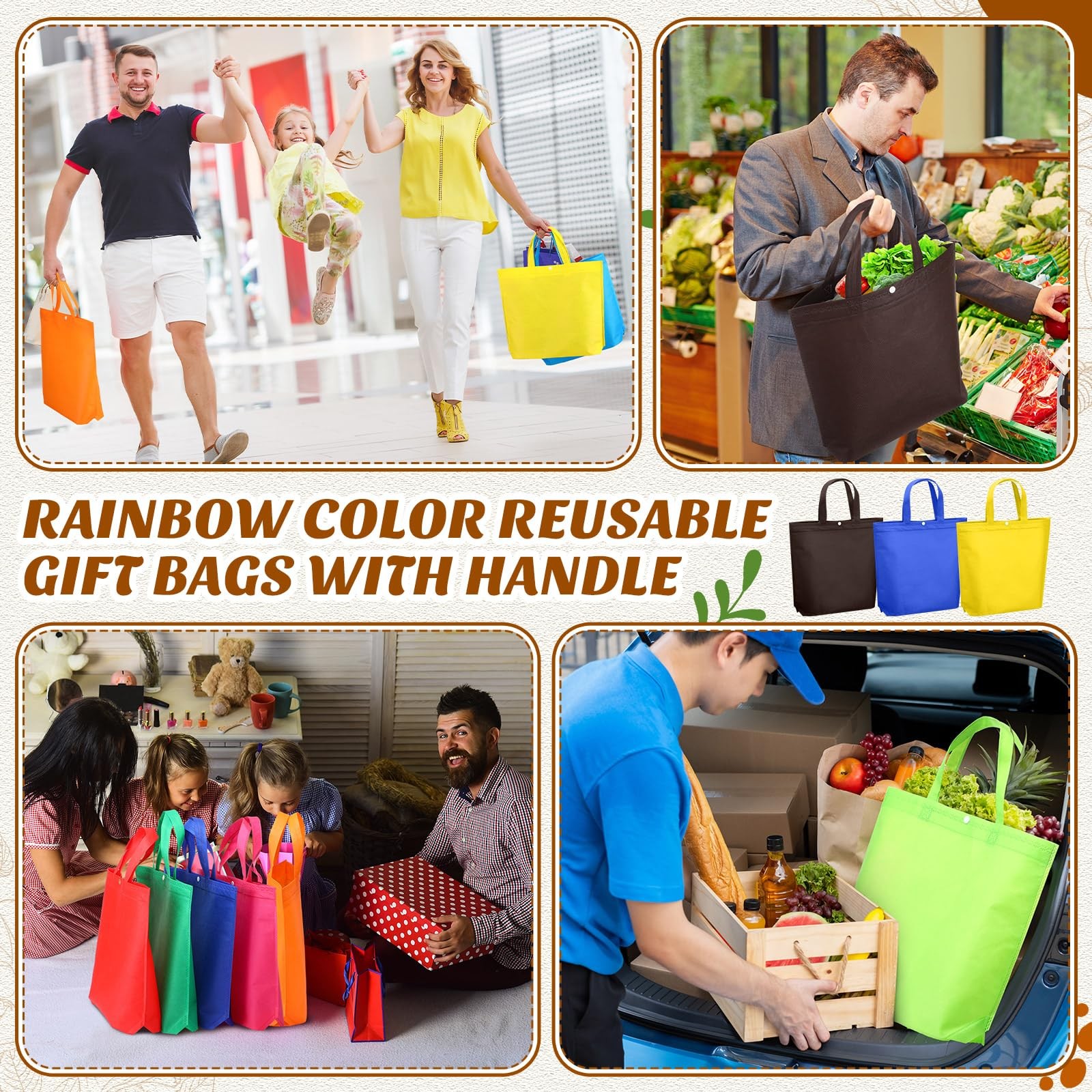 50 PCS Reusable Grocery Bags Bulk Large Non Woven Multicolor 14.96×12.6 In