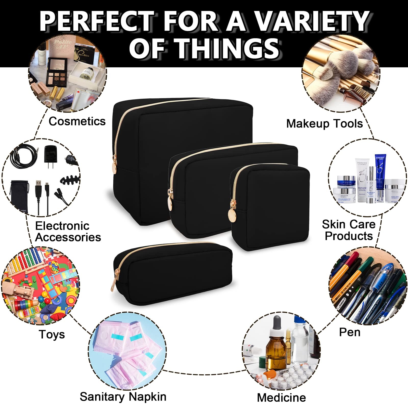 UIXIZQ Waterproof Small Makeup Pouch for Purse,Nylon Travel Small, Black
