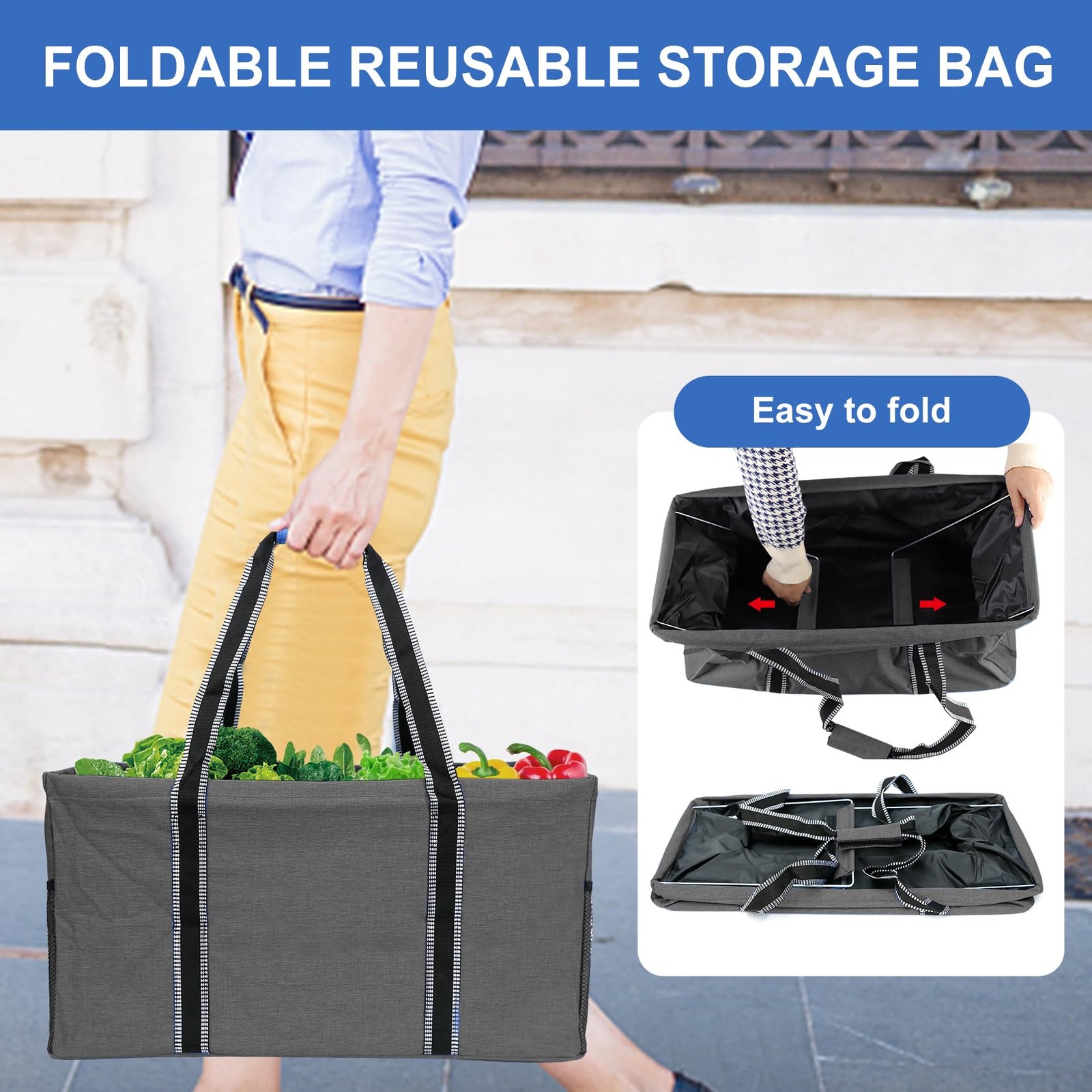 50L Utility Tote Bag Reusable Grocery Shopping Bag with Metal Frame Extra Lar…