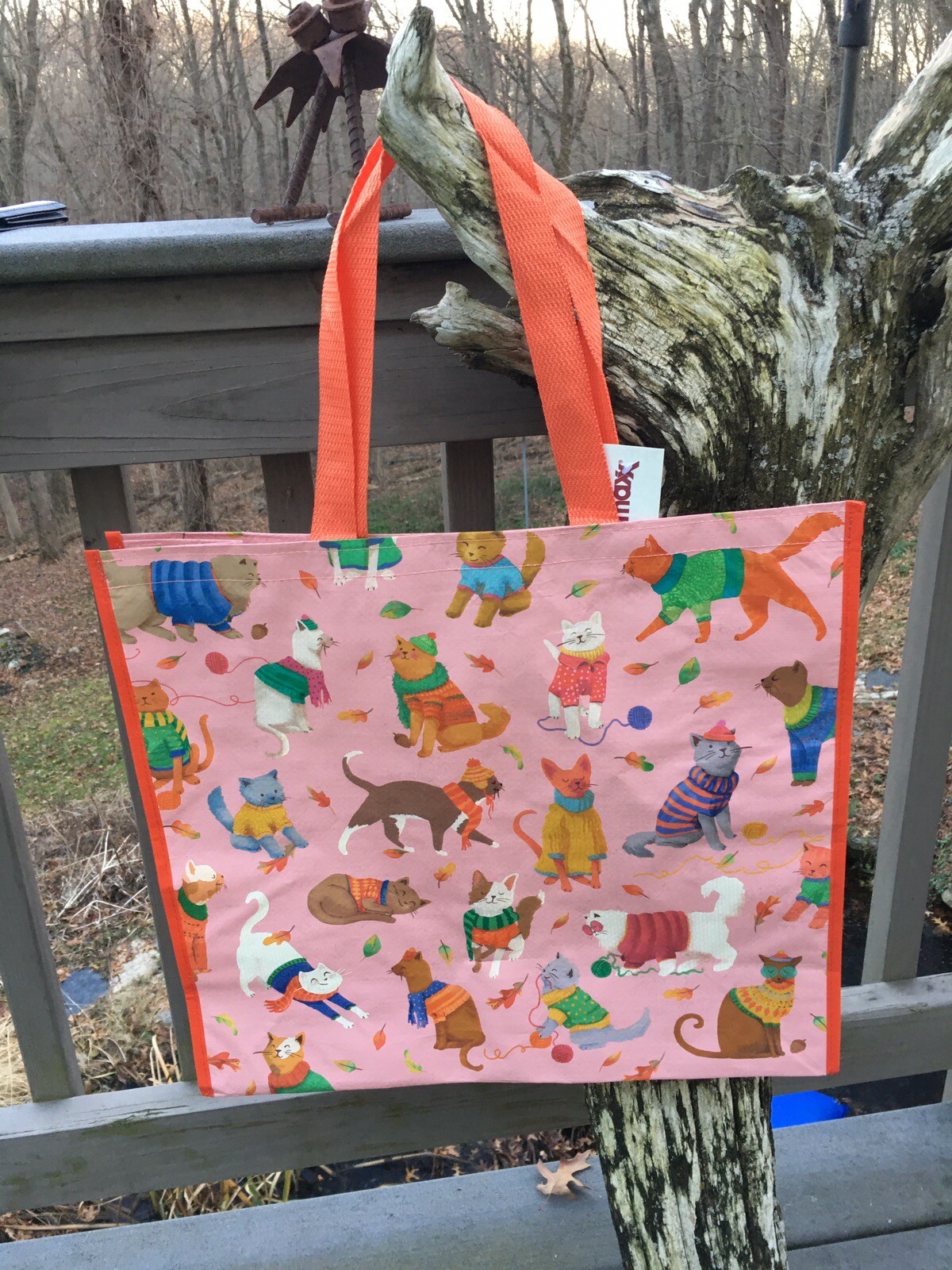 TJ MAXX~Cats w/Scarf Hat~Winter Kitty Holiday Reusable Pink Shopping Bag~EcoTote