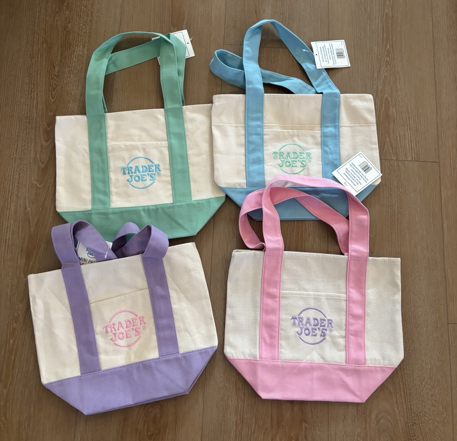 NEW Trader Joe’s Mini Canvas Tote Bag Pastel Pink Blue Purple Green Reusable