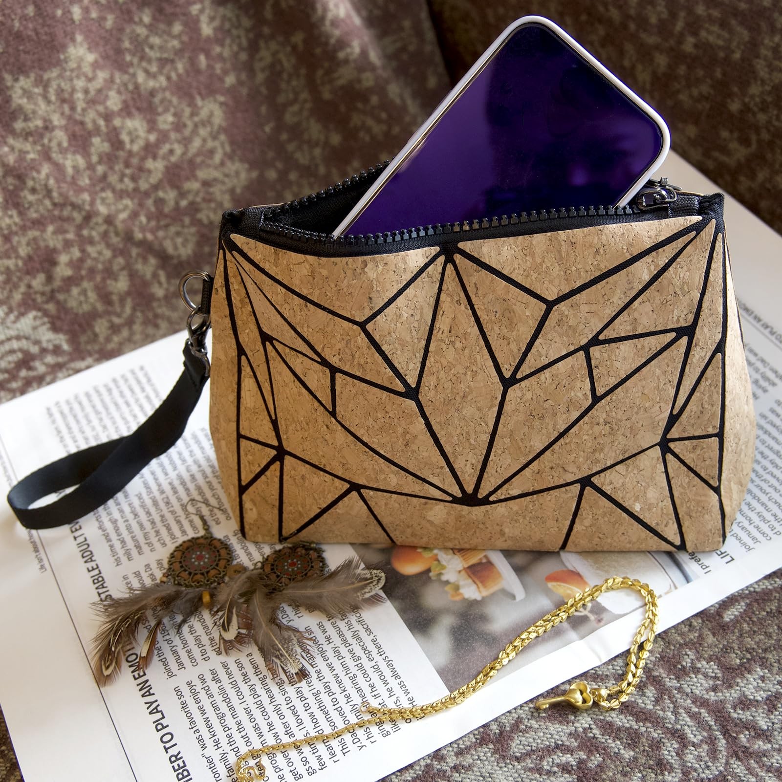 daaiurbags Natural Cork Handbag for Women, Geometric 10×6 inches, Multi