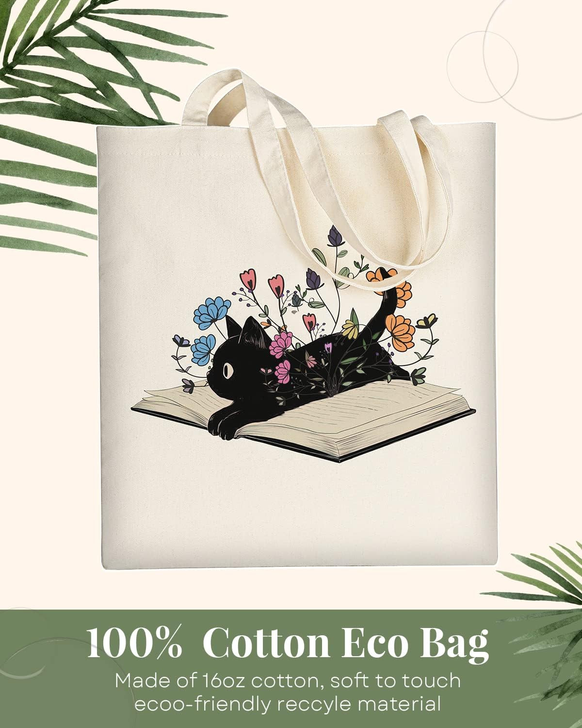 Cute Cat Book Canvas Tote Bag for Women Reusable Cotton Grocery Bag Beach Totes