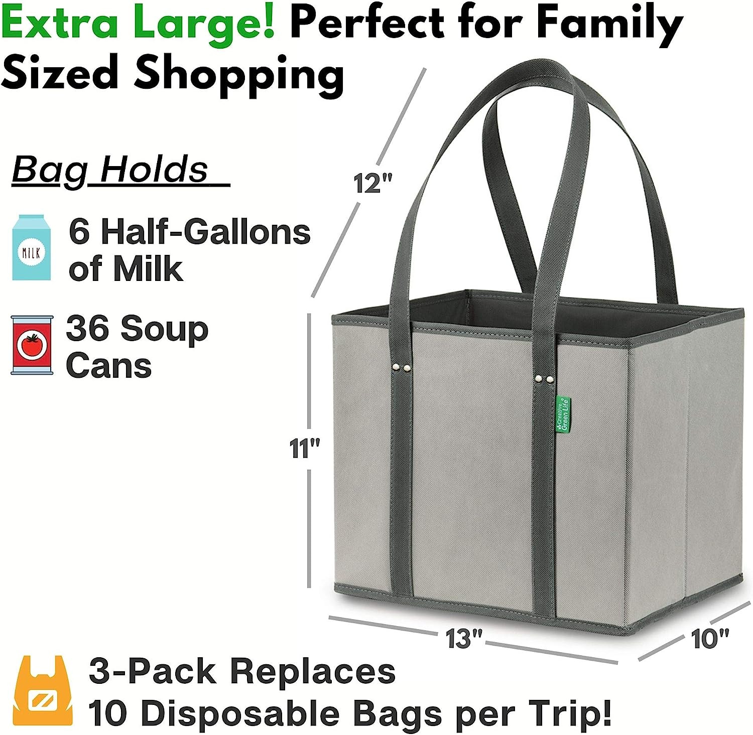 Reusable Grocery Bags (3 Pack) – Heavy Duty Reusable Shopping Bags with Box Shap