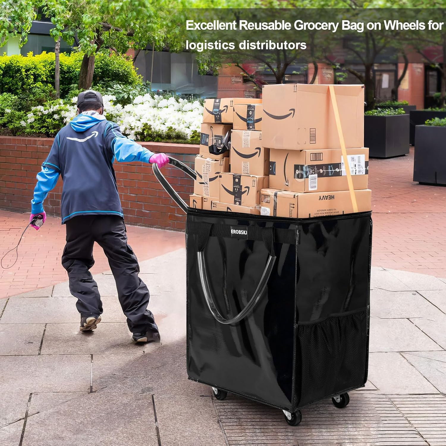 Black Reusable Grocery Bag on Wheels, 70L, 66 lbs Capacity, Foldable Trolley