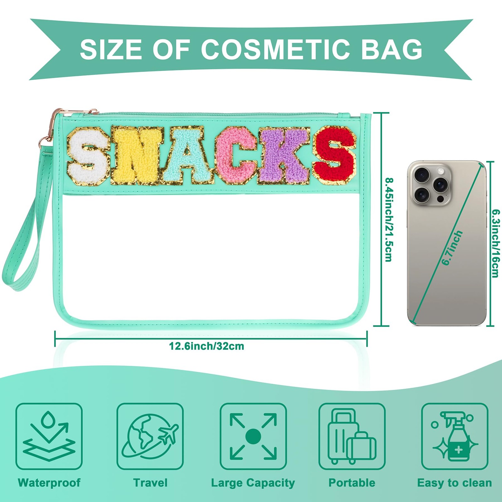 Snack Bag for Travel – Clear Chenille Varsity Letter Flat Large, Snack-Green