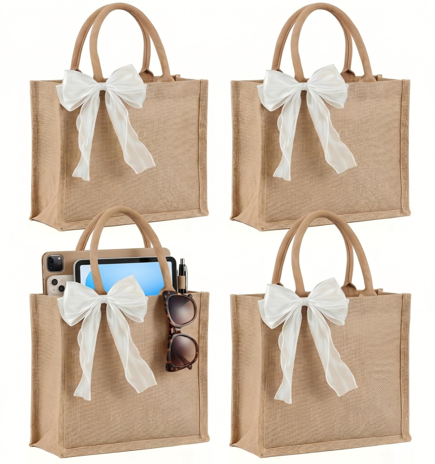 4 Pack Burlap Jute Tote Bags 15x6x12 Inch Waterproof Bridesmaid Wedding