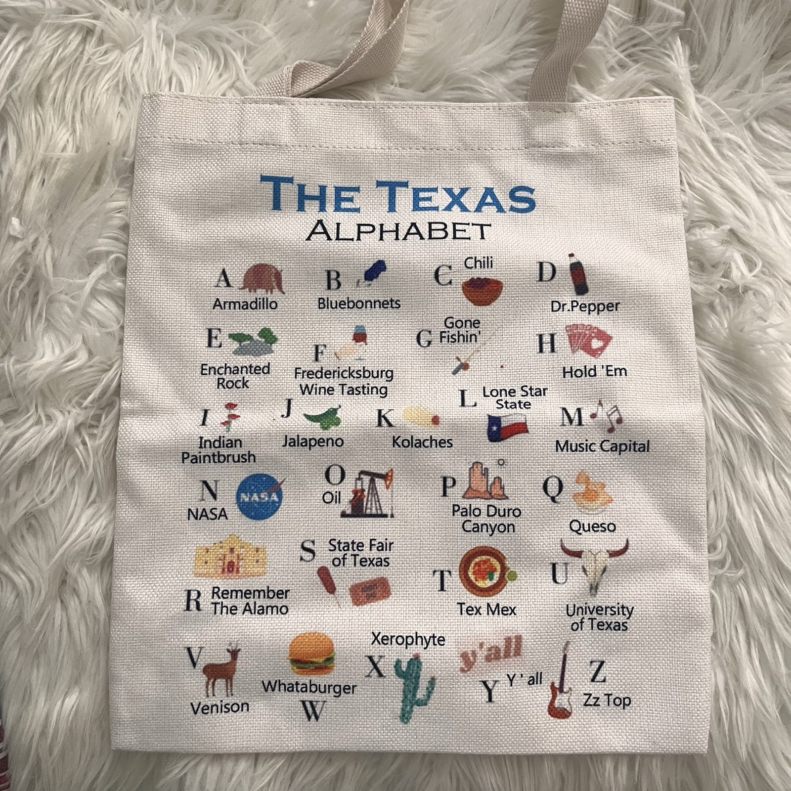 Canvas Tote State of Texas Alphabet 2-sided Print NEW. Teacher Gift. Armadillo