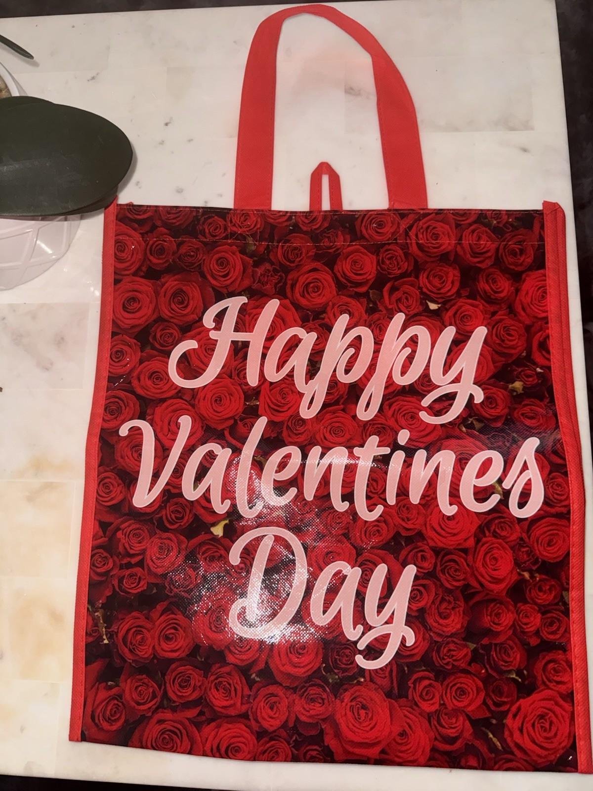 Foldable Red Plastic Reusable Shopping Bag All-Over Roses Pattern Valentines Day
