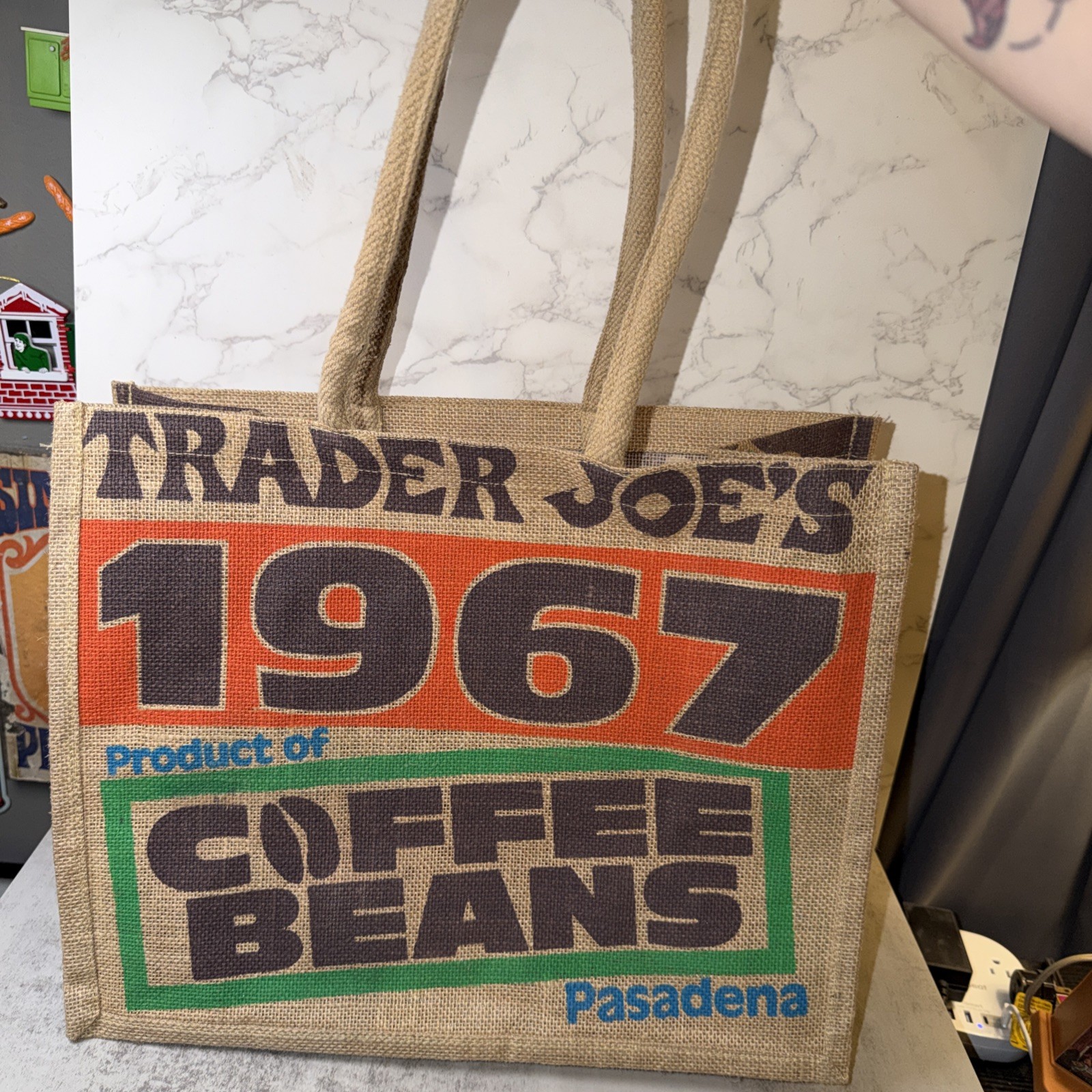Trader Joe’s Large Jute Reusable Shopping Bag 1967 Pasadena Coffee Beans