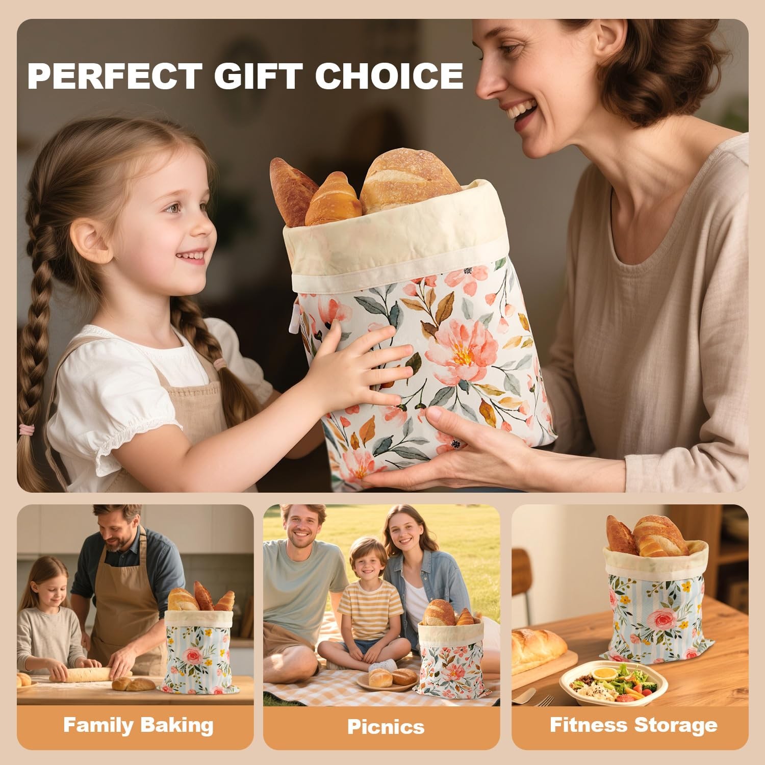 Augine Beeswax Bread Bag, 2 Pack 13 inches x 1 inch x 17 inches, Flower