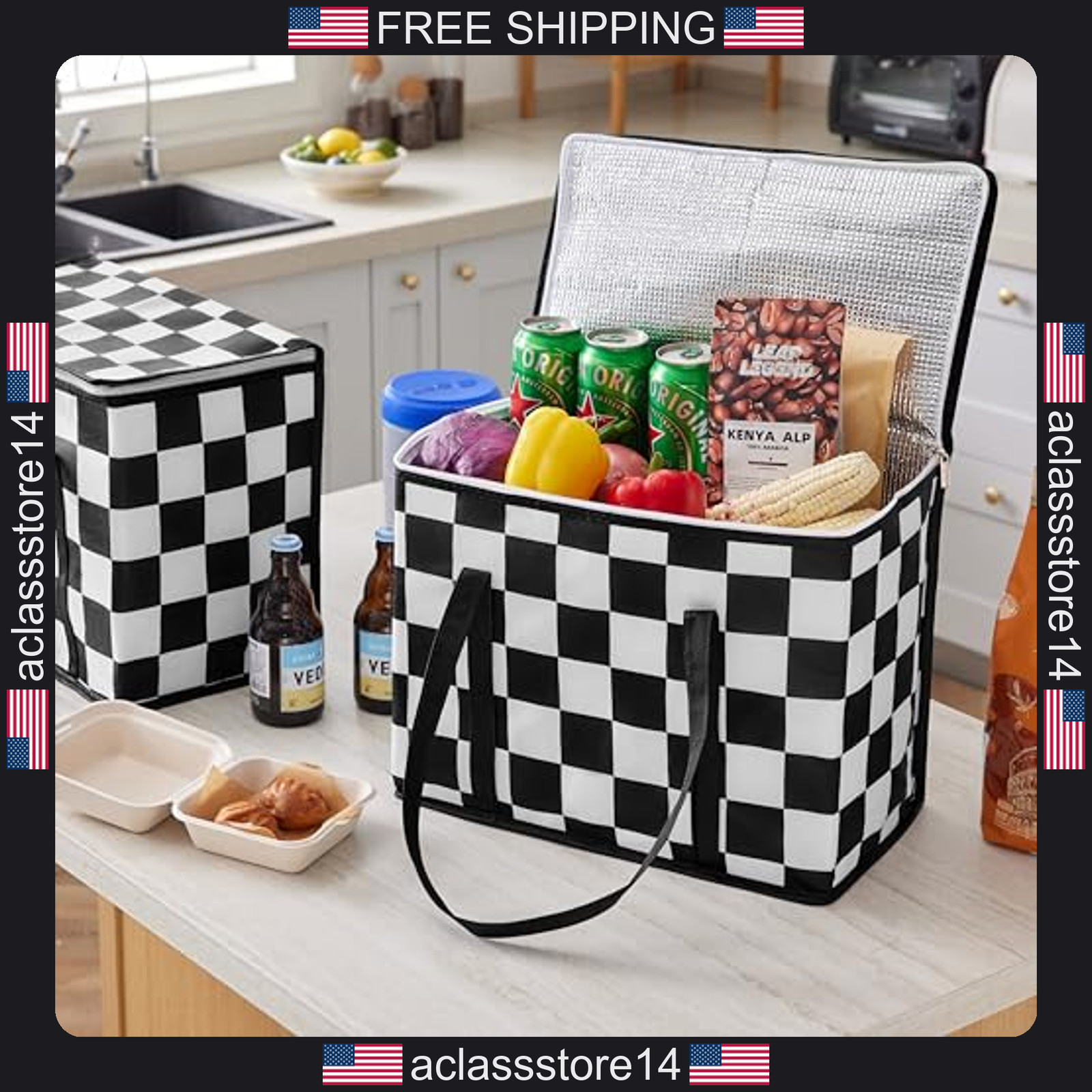 Ohocut checkered insulated grocery bags 2 pack black and white cooler shopping