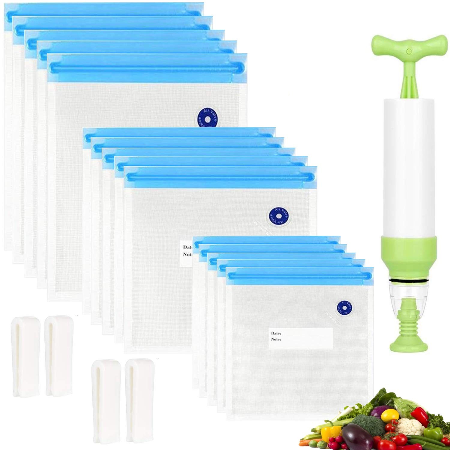 Reusable Sous Vide Bags 3 Sizes – 20 Pack with Hand Pump, Small, Blue Kit
