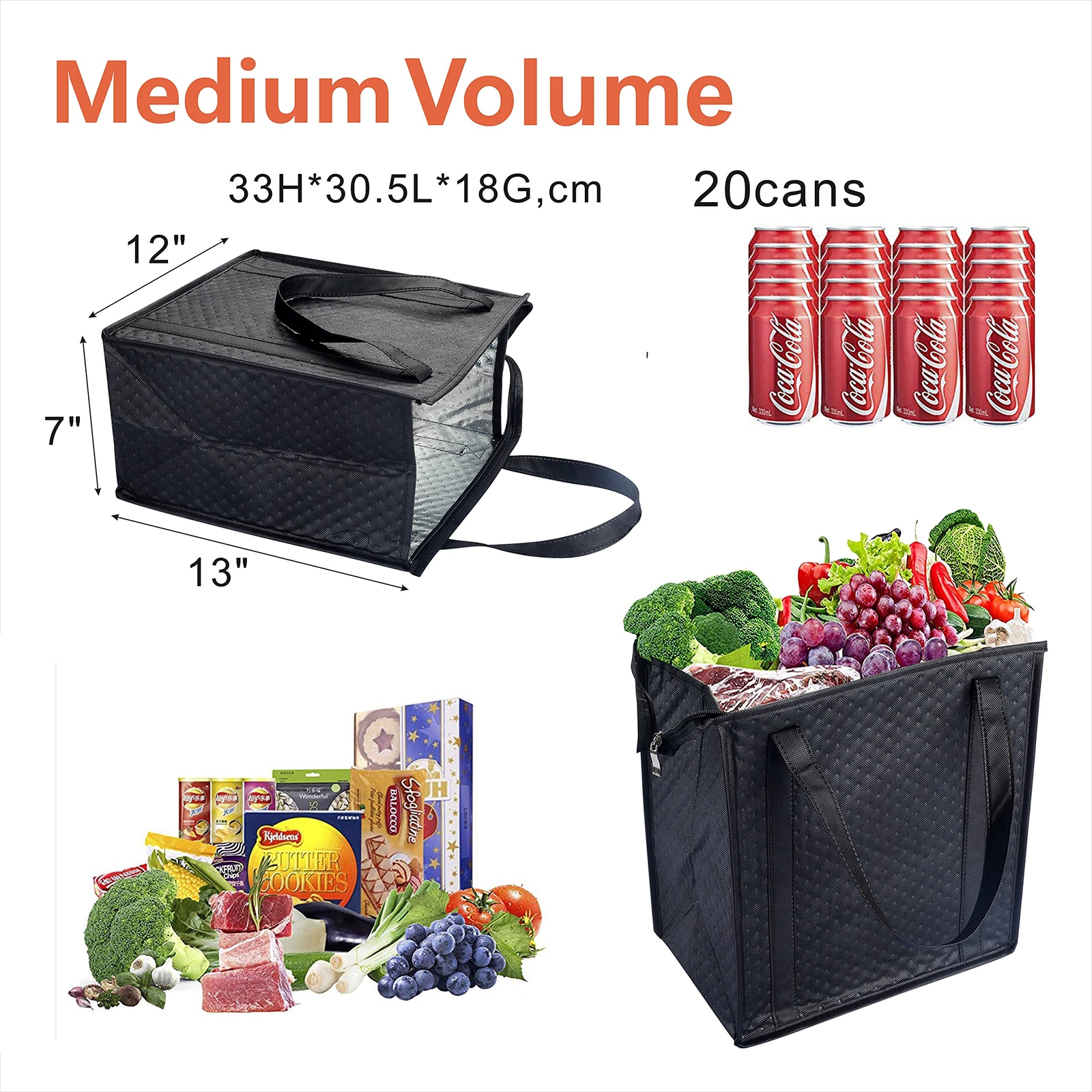 2PCS Refrigerator Grocery Bag,Cooler Bag,Zipper,Black,Blue