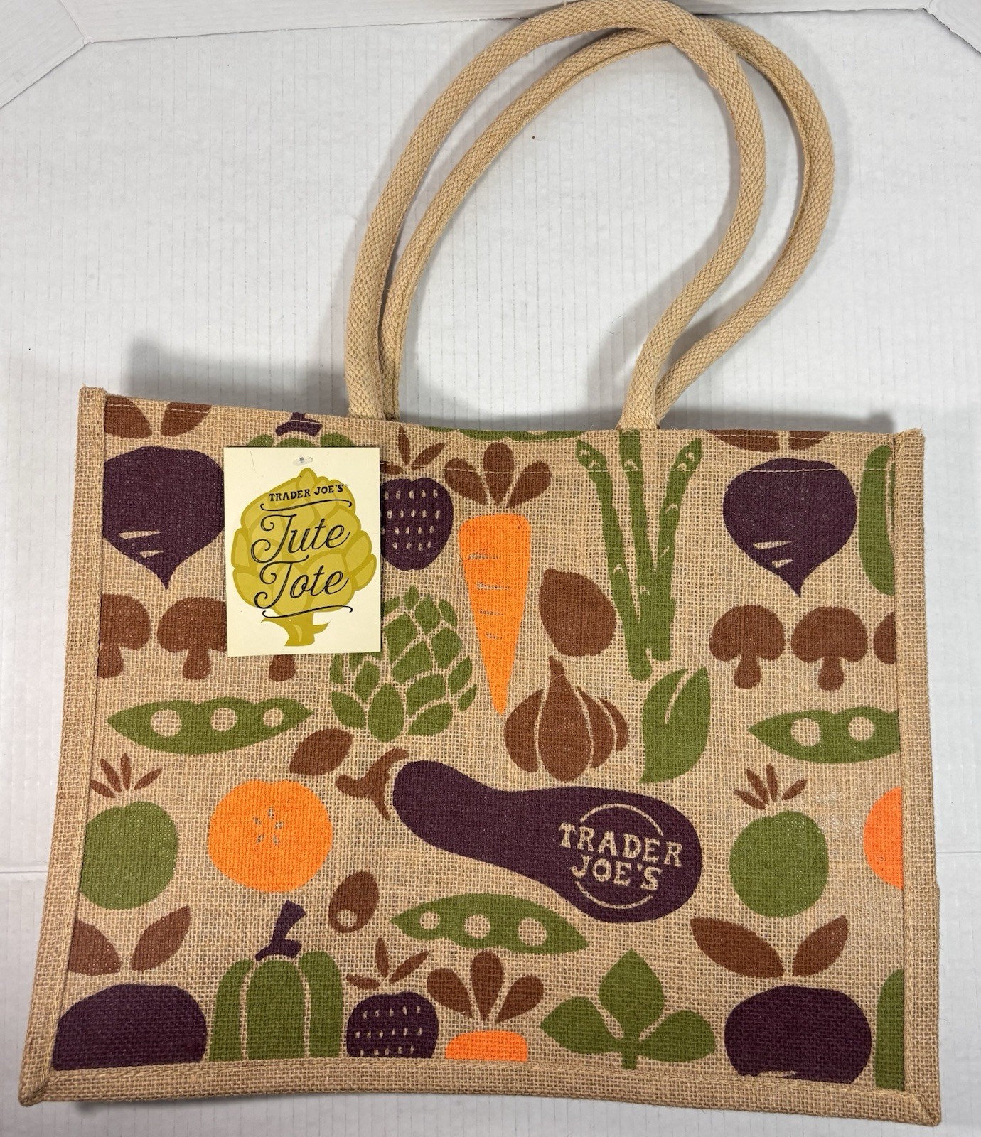 Trader Joe’s Jute Burlap Expand Tote Bag Vegetables Eggplant 17”x13”x8” NWT