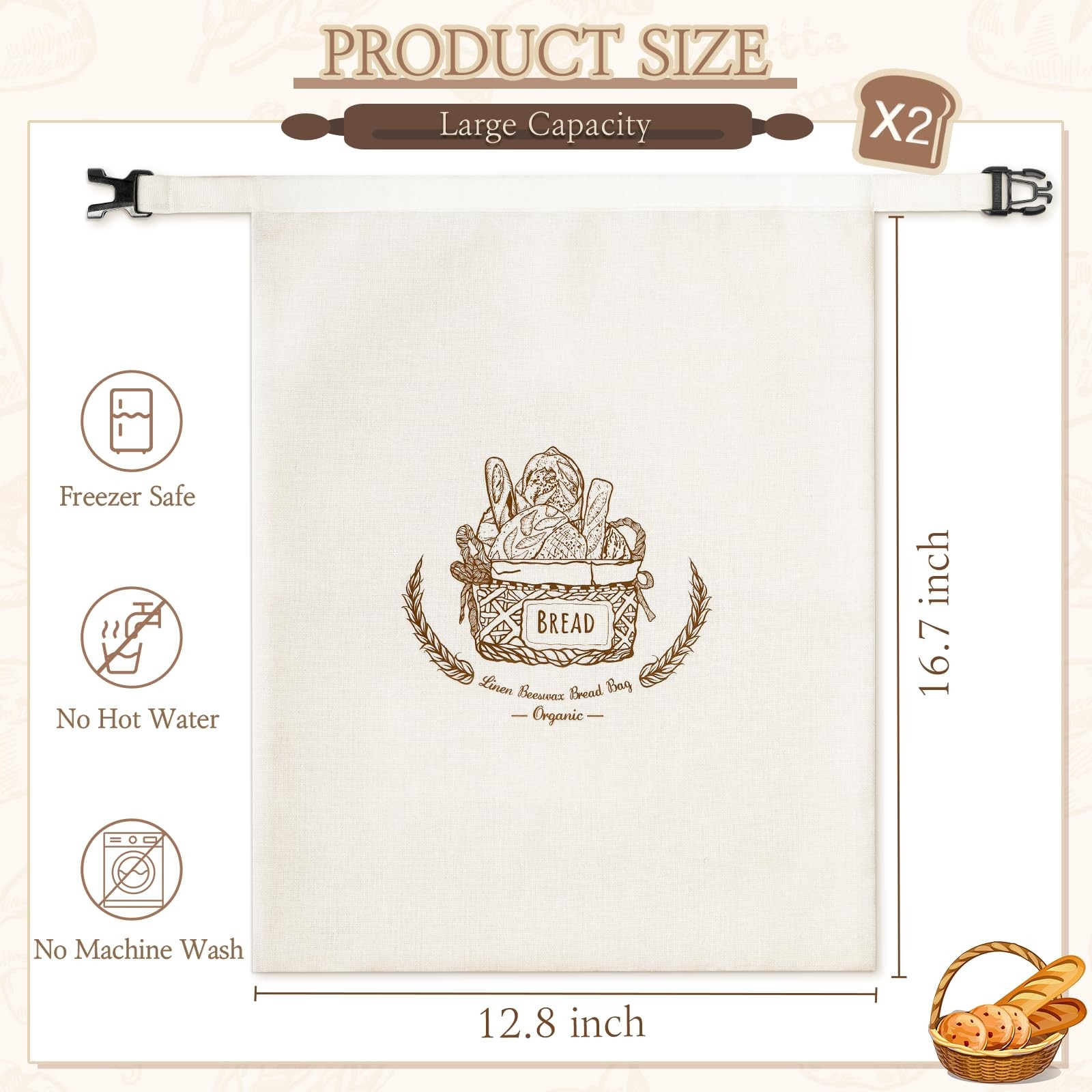 VIS’V Beeswax Bread Bags, Reusable Large Linen Cotton X-Large, Off-white