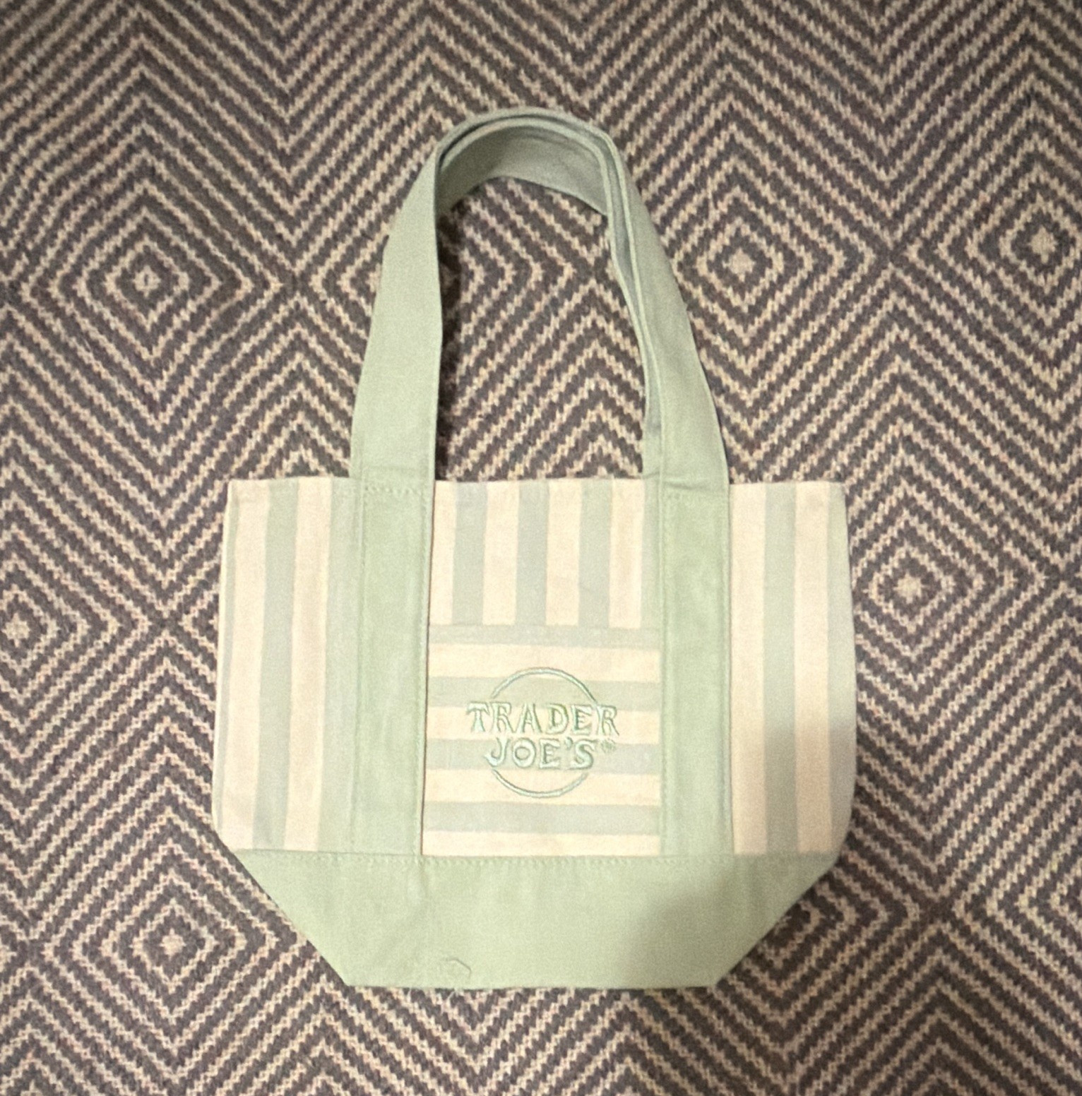 Trader Joe’s Canvas Tote Bag Medium Green/White Striped 13x6in New