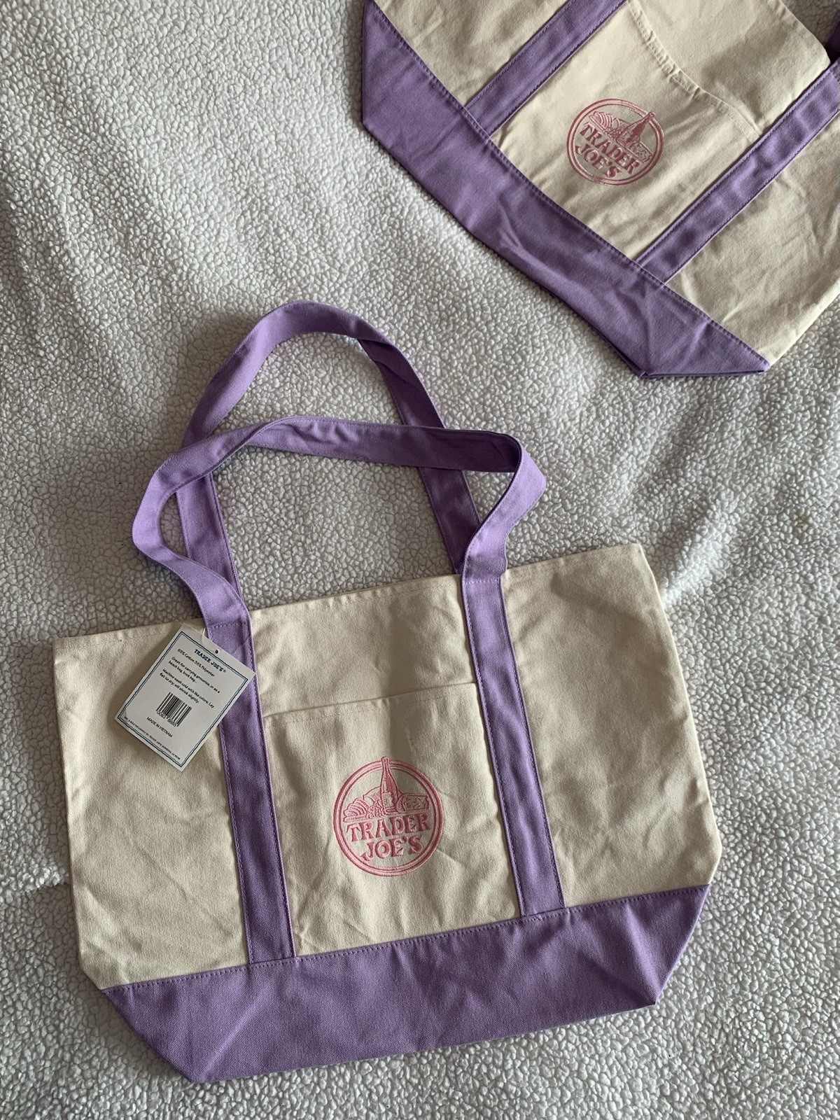 Trader Joe’s Easter 2026 Lilac Canvas Tote Bag Full Size NWT Double Sided Pocket