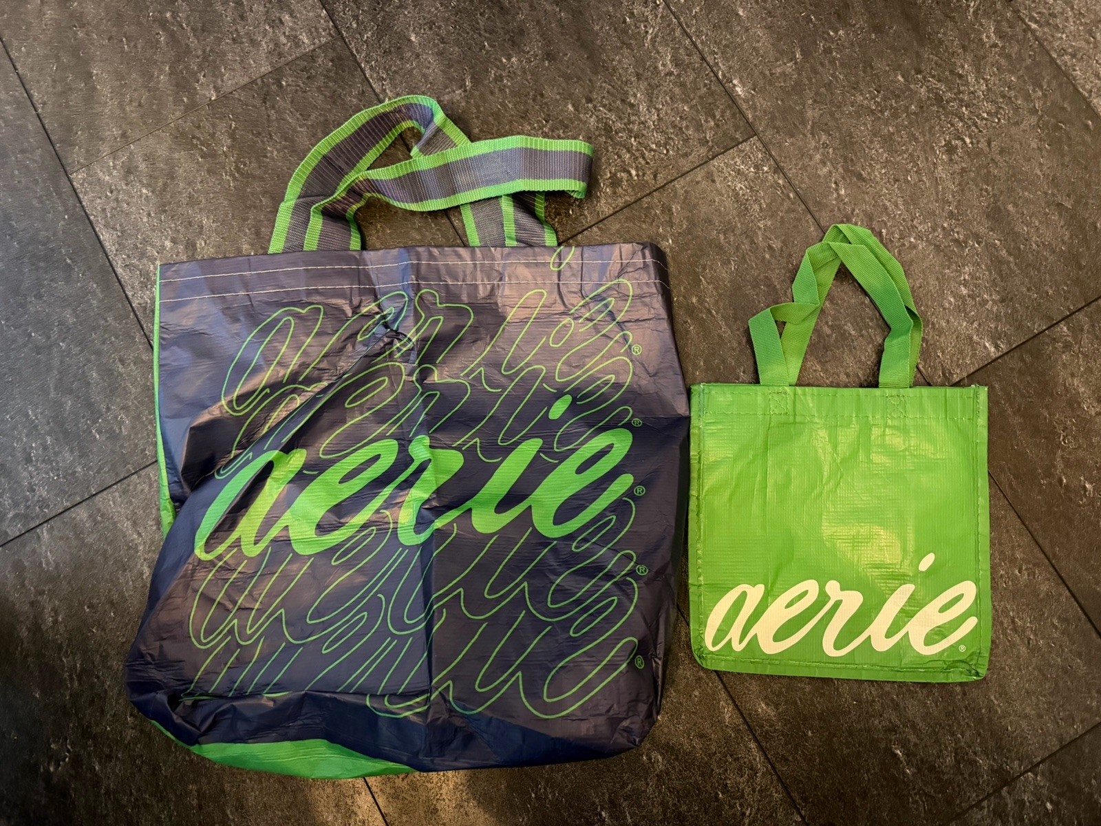 American Eagle Aerie Navy Blue & Green Reusable Tote Shopping Bag Set Of 2