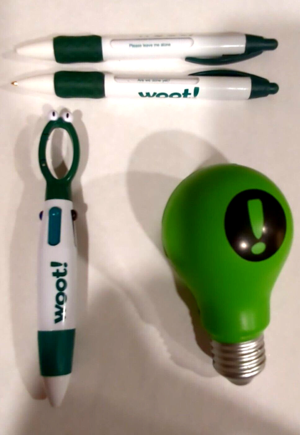 WOOT! Lovers Unite collection of 3 Cool Pens and a Lightbulb Stress Squeeze Ball