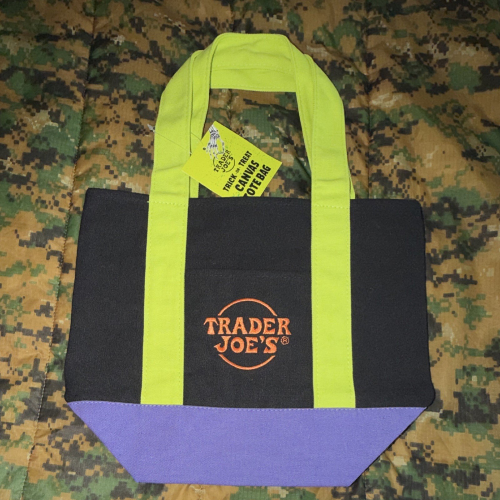 Trader Joe’s Reusable Canvas Tote Bag Black Green Purple Orange