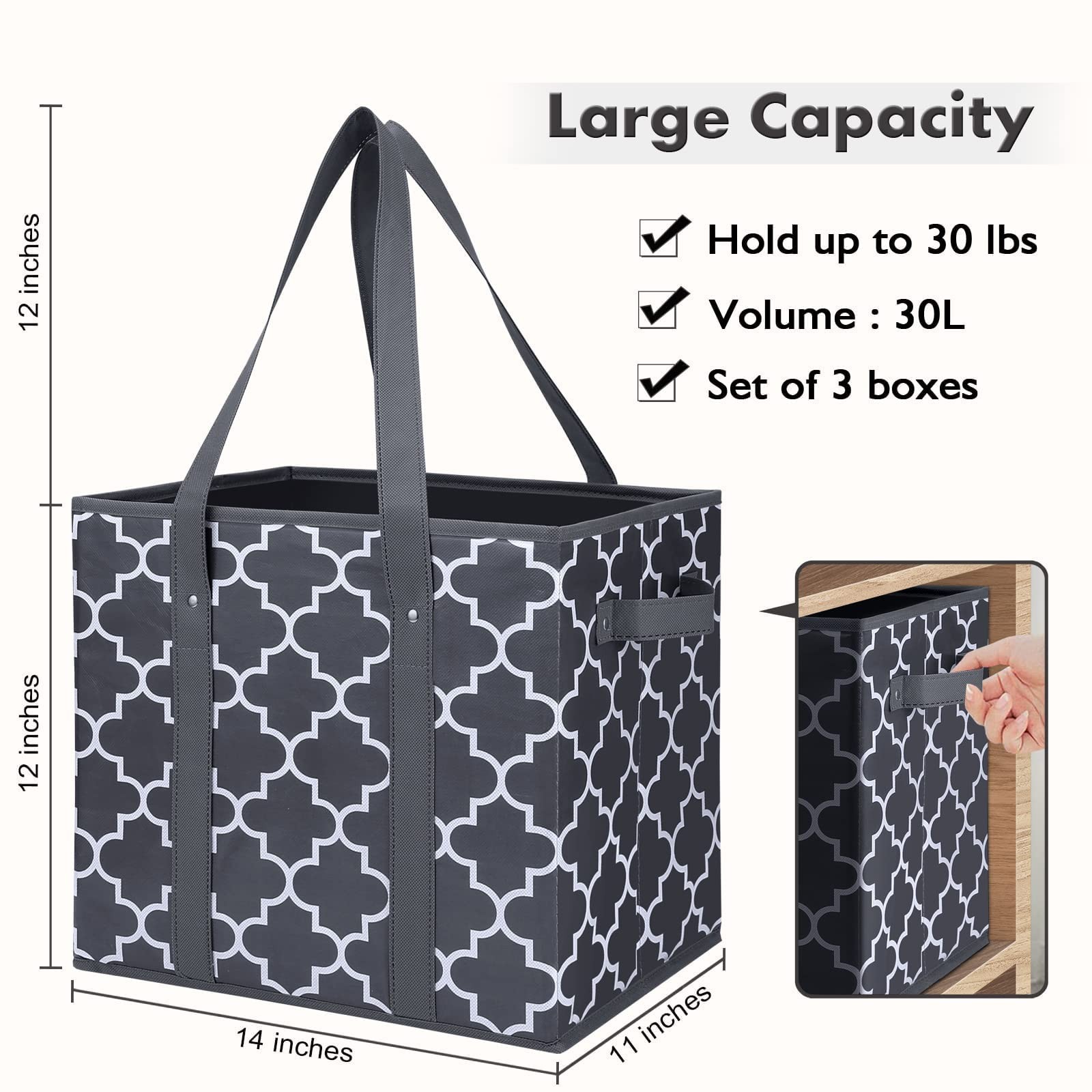 3 PCS Reusable Grocery Bags Foldable Washable Large Storage Bins Dark Grey