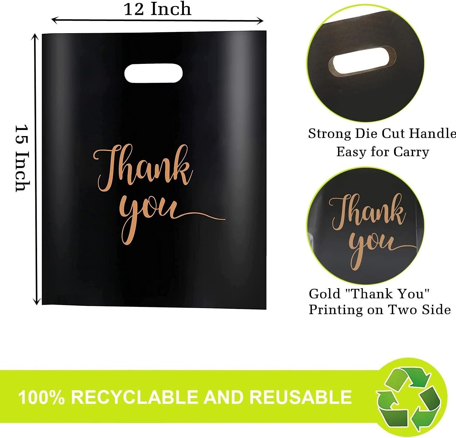 Thank You Bags with Handles 100 Pack Black 12×15 Mil 2.36 Reusable Plastic