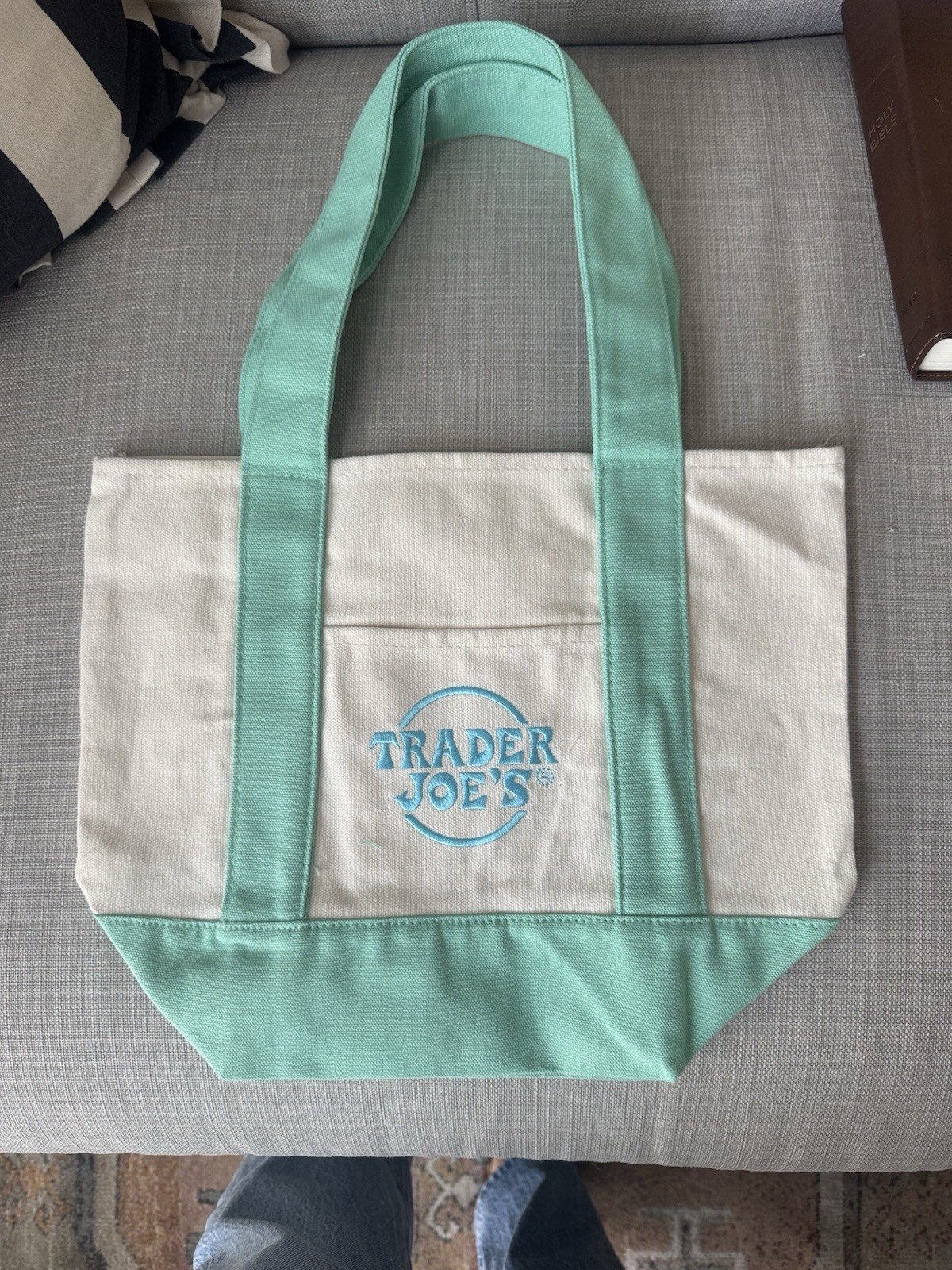 BRAND NEW Trader Joe’s Canvas Foldable Mini Tote Bag Mint Green Light Blue
