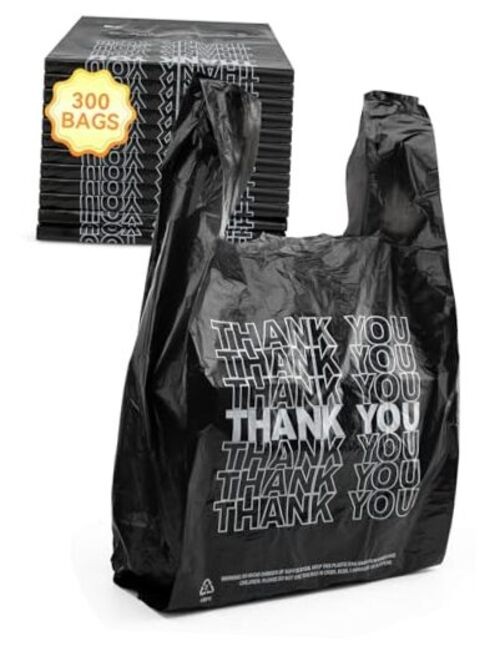 300 Count Thank You Plastic Bags, 12″ x 6″ x 22″, 15 Mic Black T Shirt