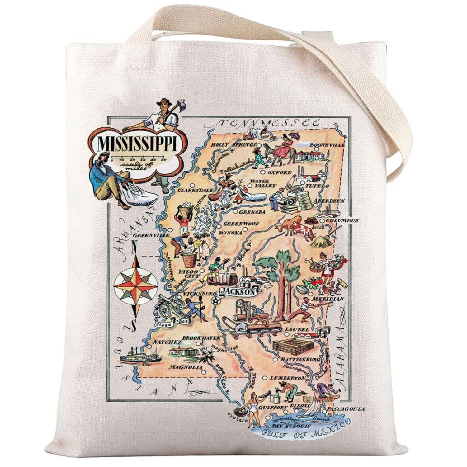 Fun State Map Of Mississippi Tote Bag Mississippi Travel Gift 1940’s Mississi…
