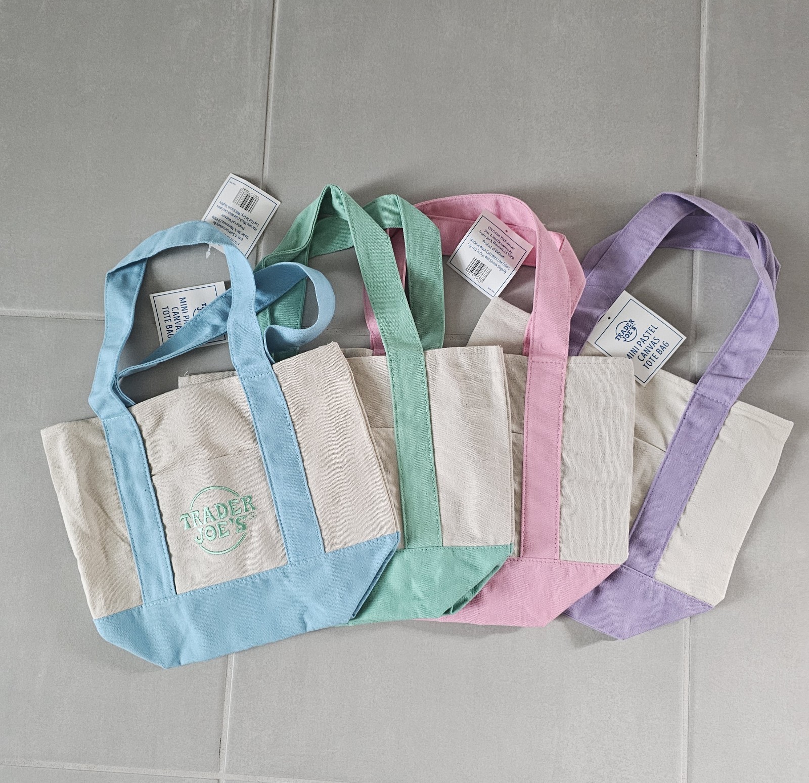 Trader Joe’s Mini Pastel Canvas Tote Bag Set of 4 NWT Spring 2025 Limited