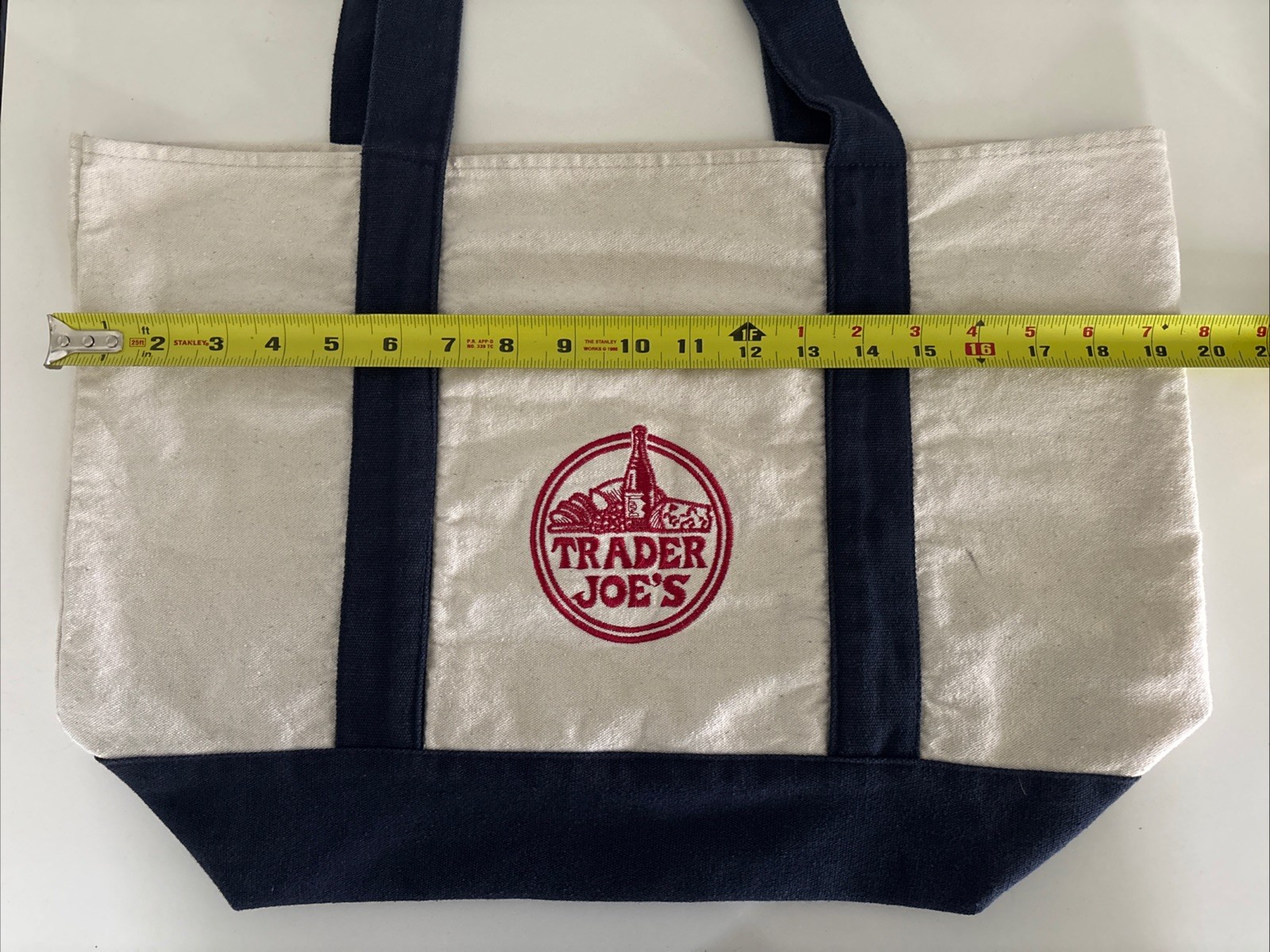 Vintage Trader Joe’s Canvas Grocery Tote Bag Reusable White Navy Blue Red Logo