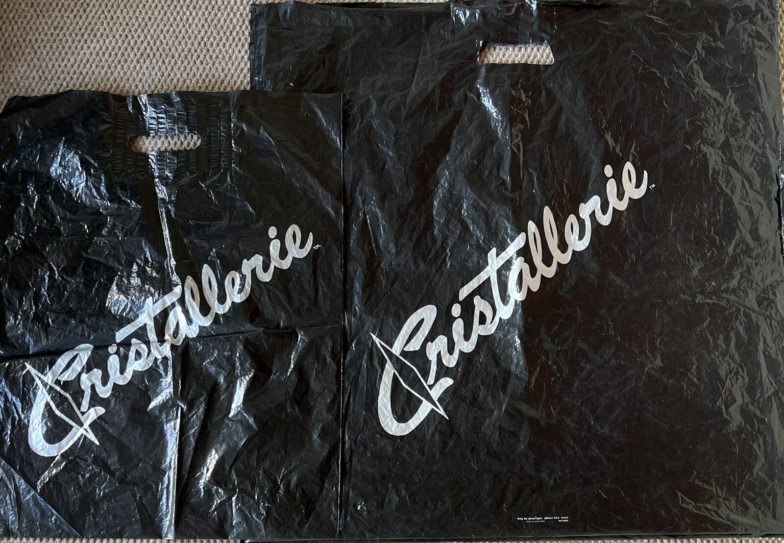 2 Vintage CRISTALLERIE Black Reusable Plastic Shopping Tote Bags- Fine Crystal-
