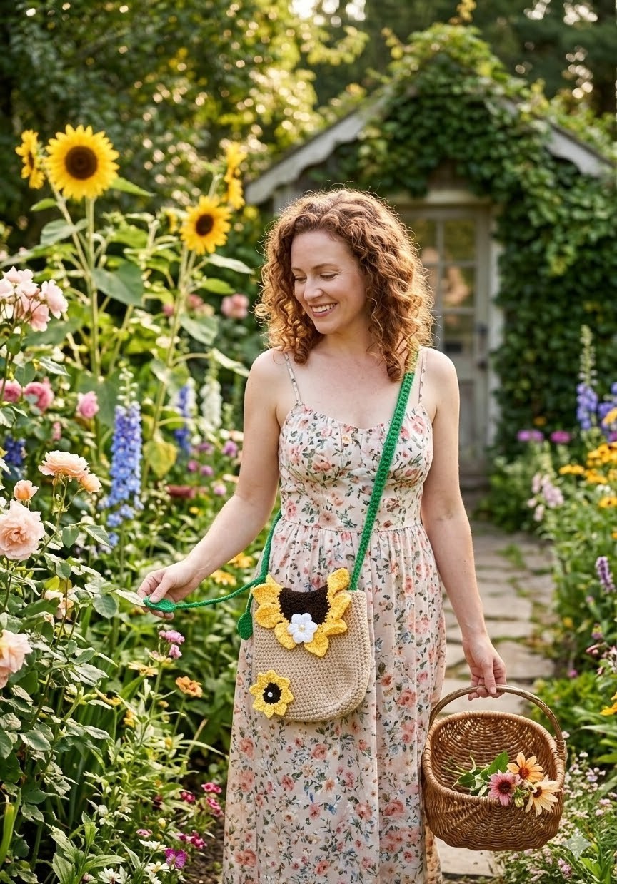 Handmade Sunflower Sling Bag Crochet Boho Crossbody Shoulder Bag
