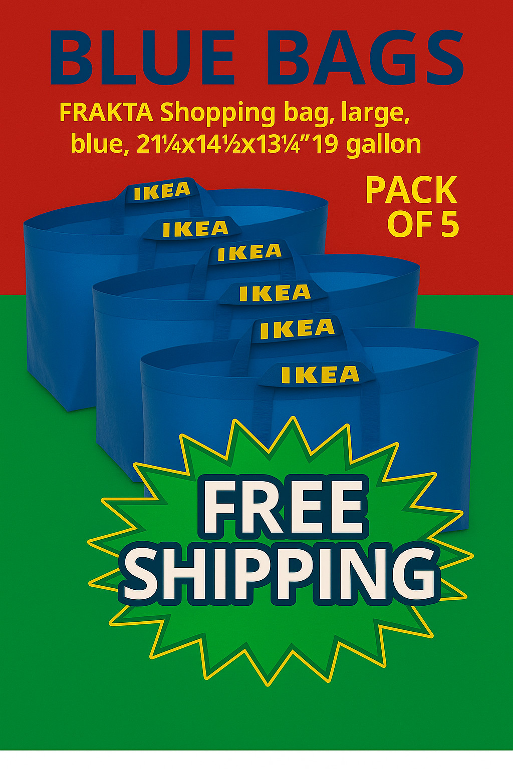IKEA FRAKTA Blue Bag Tote Shopping Reusable 19 Gallon NEW – 5 pack –