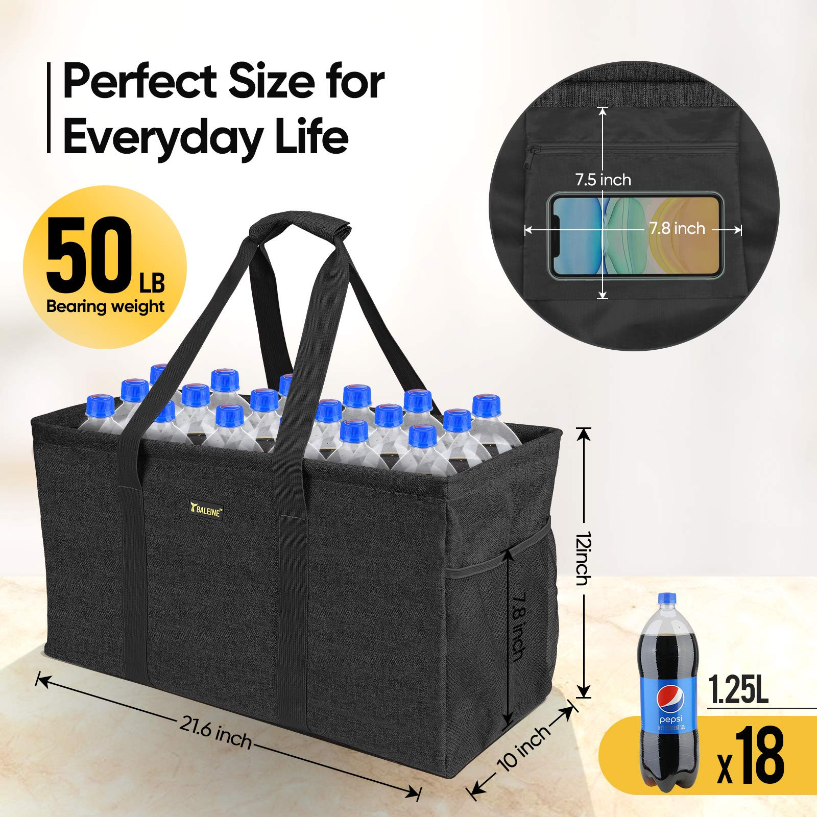 Extra Large Utility Tote Bag with Wire Frame for Storage (Black, 22”x12”x10”)