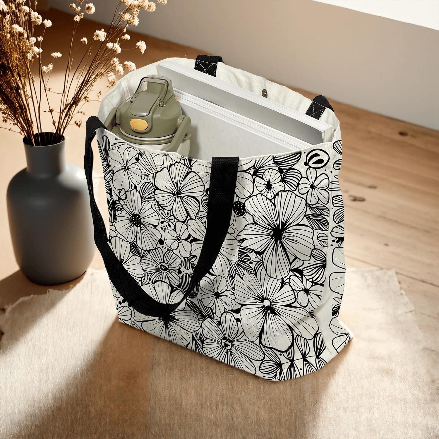 fahombag Large Canvas Tote Bag with Floral Line Art – 18 Inch Reusable Shoppi…