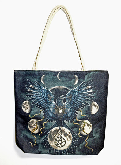 Sinister Wings 3282 Crow Raven Bird Moon Phases Shopping Tote Bag 17 x 15 inches