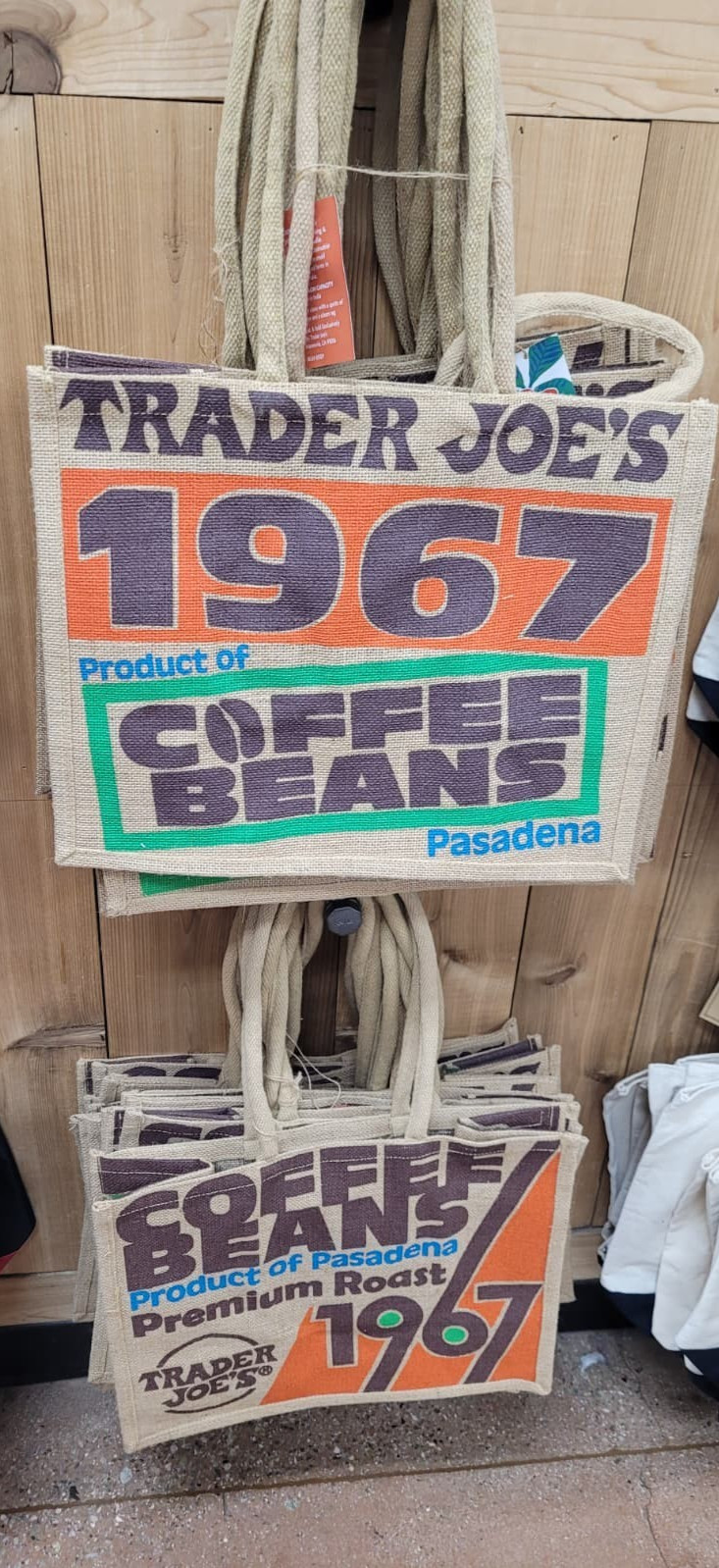 NWT! Trader Joe’s Pasadena 1967 Coffee Beans Reusable Jute Tote Bag