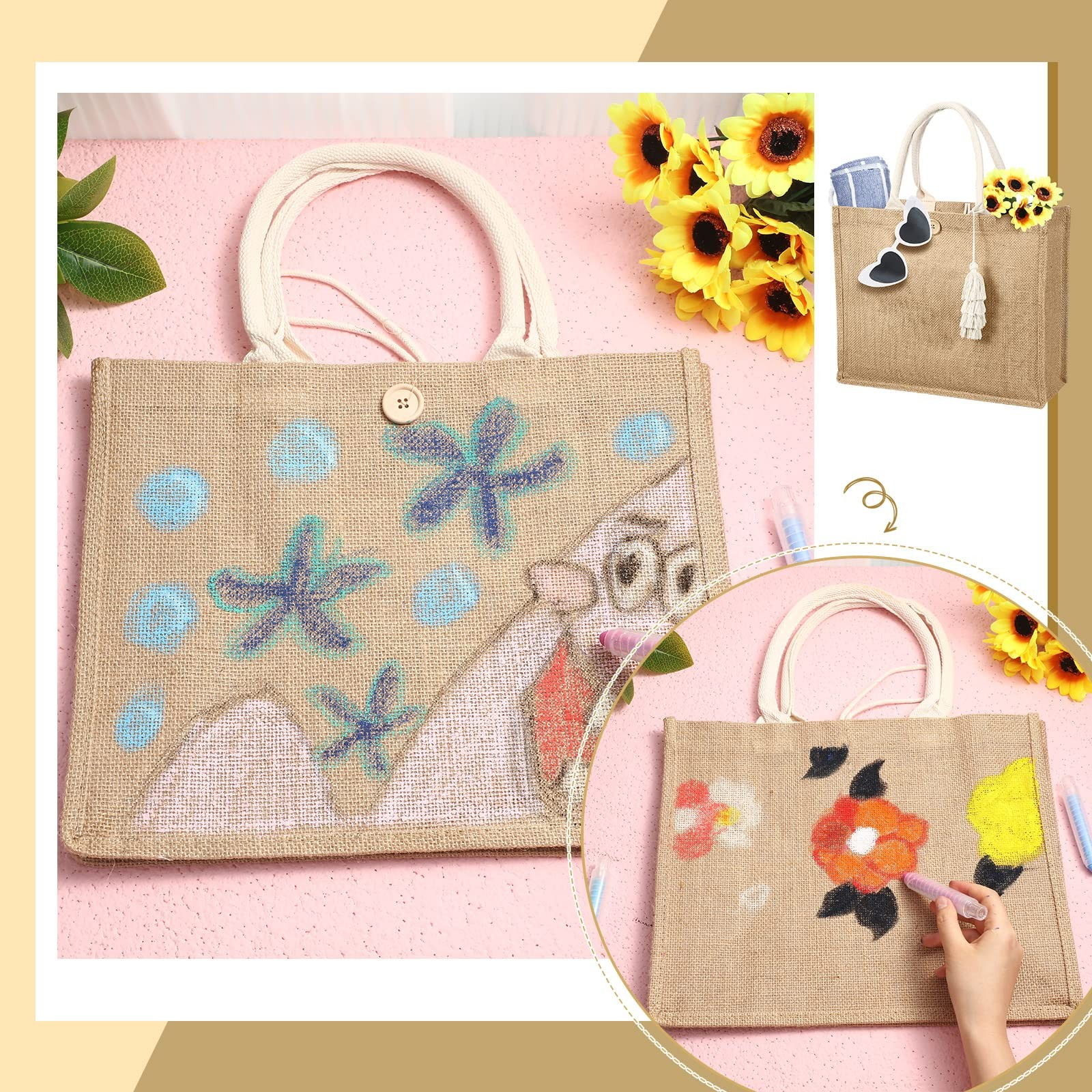 4 Pack Burlap Tote Bags for Women Bridesmaid Jute Gift Bag with Handles and T…