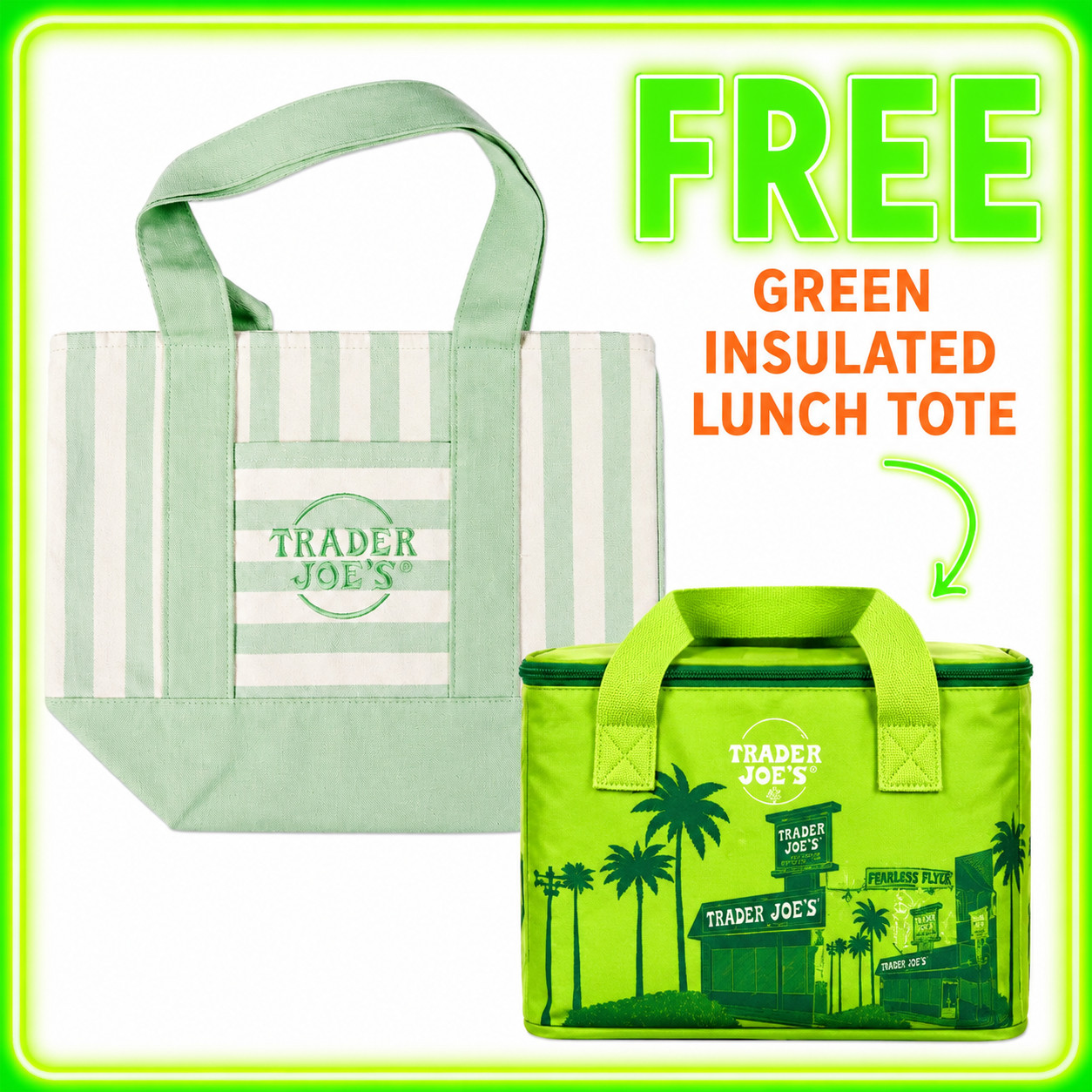 🔥 WEST COAST SHIP • Trader Joes Green Striped Mini Tote + FREE Green Lunch Tote