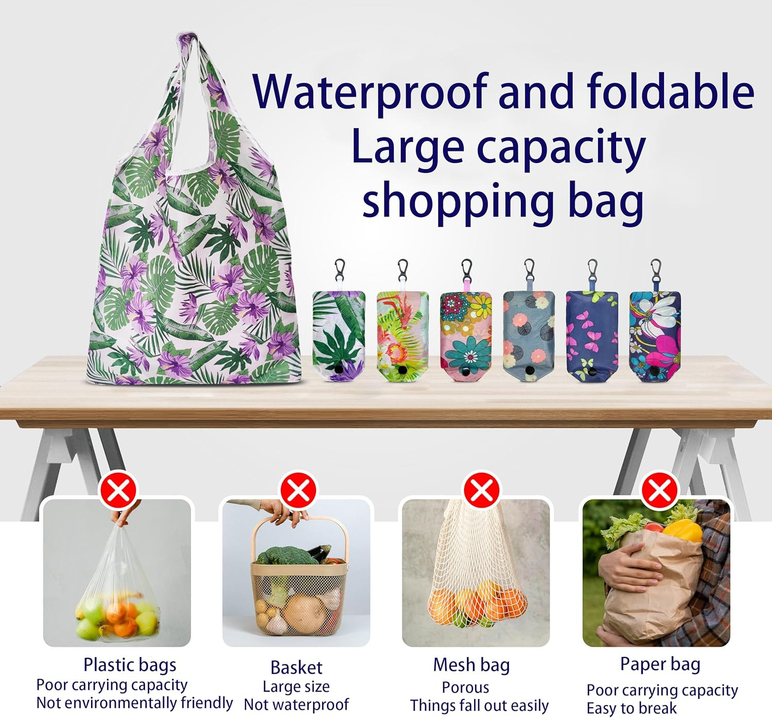 6 Pcs Reusable Shopping Bags, Foldable Grocery Bags in Pocket, Eco-friendly Trav