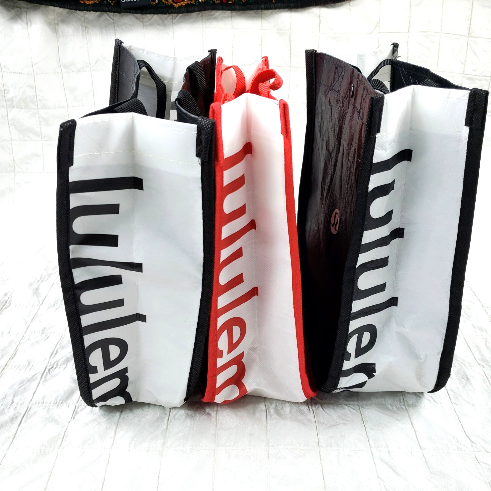 Lululemon Red White Black 11.5″x9.5″ Reusable Tote Shopping Bags LOT of 3